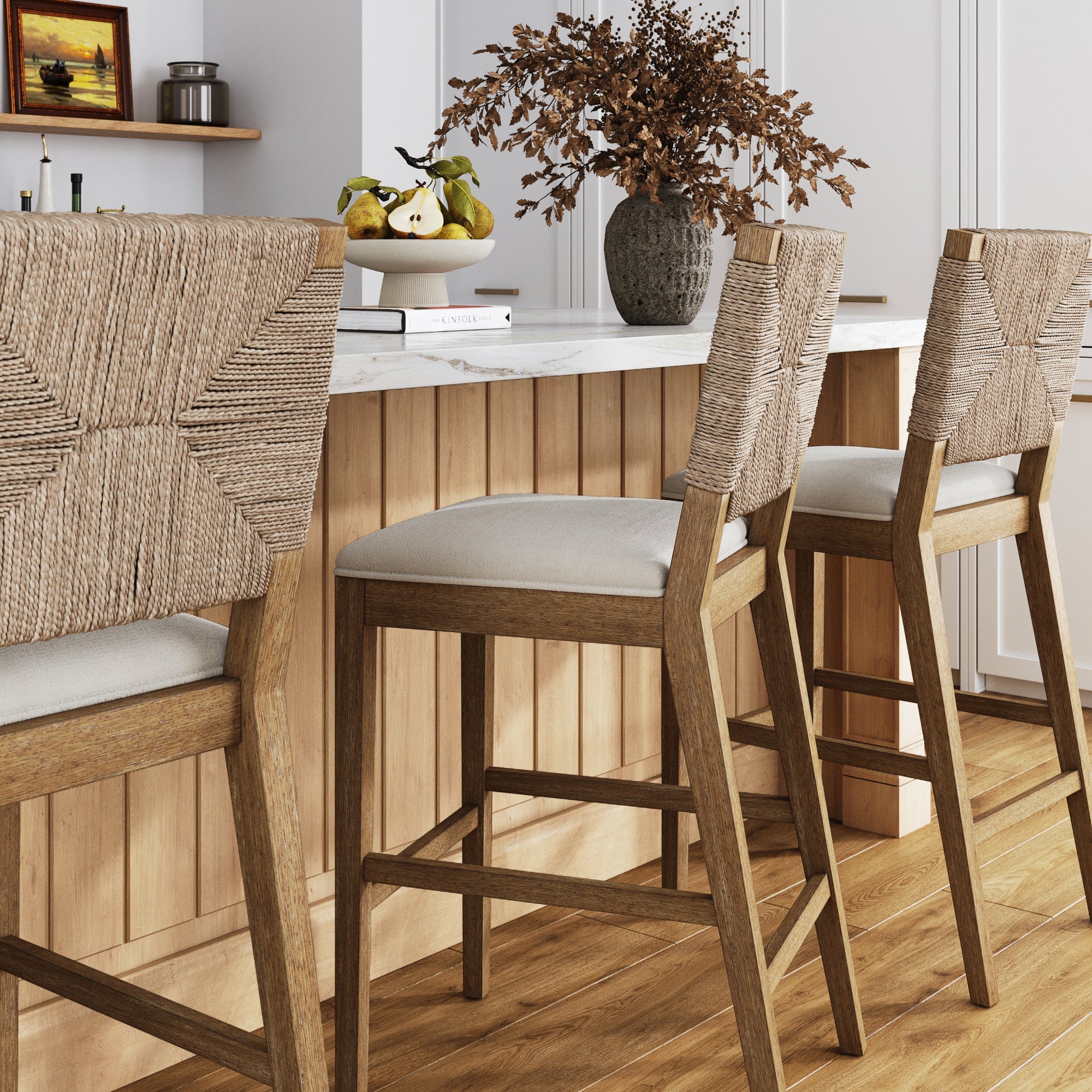 Boucle & Seagrass Bar Stool Light Brown (Set of 3) - Nathan James