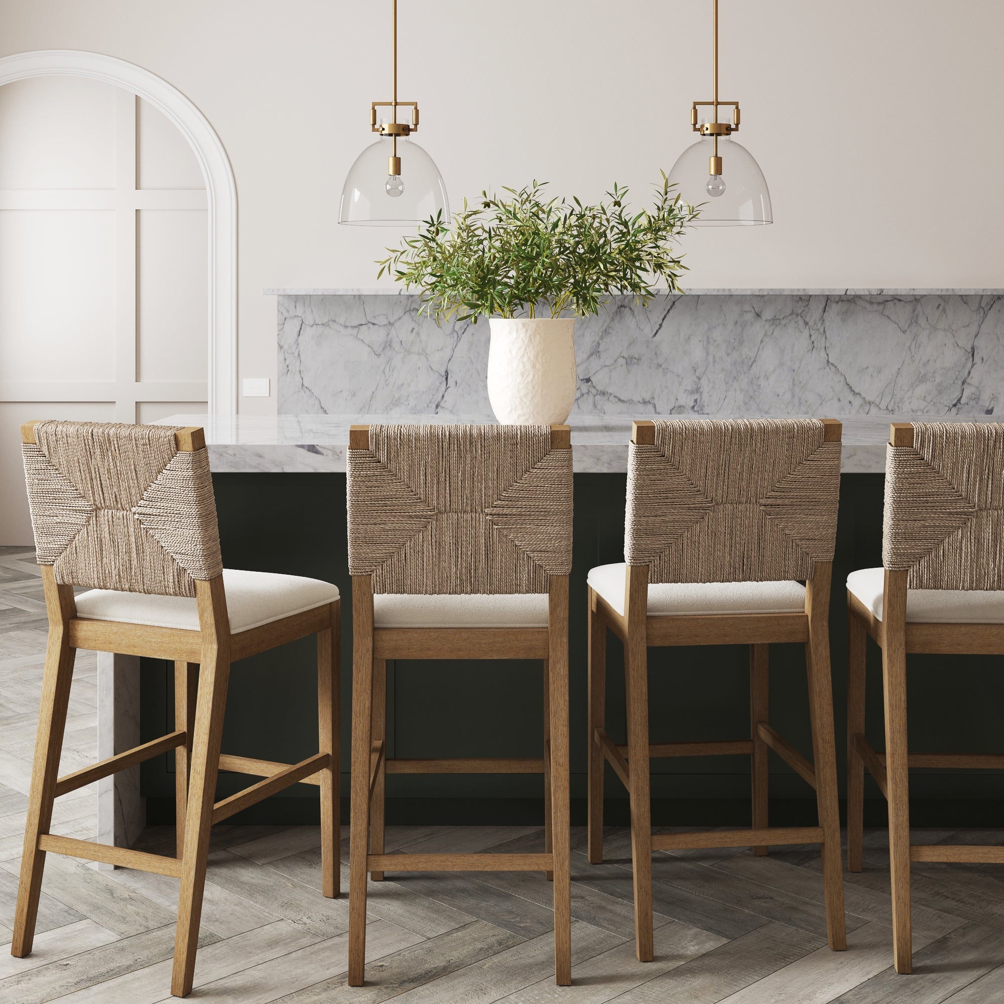 Boucle & Seagrass Bar Stool Light Brown (Set of 4) - Nathan James