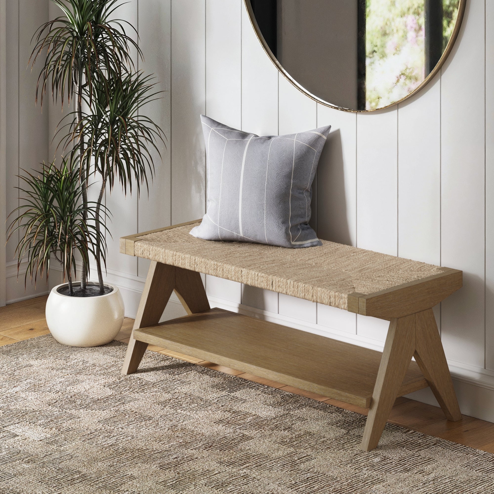 Wood & Seagrass Entryway Bench with Shelf - Nathan James