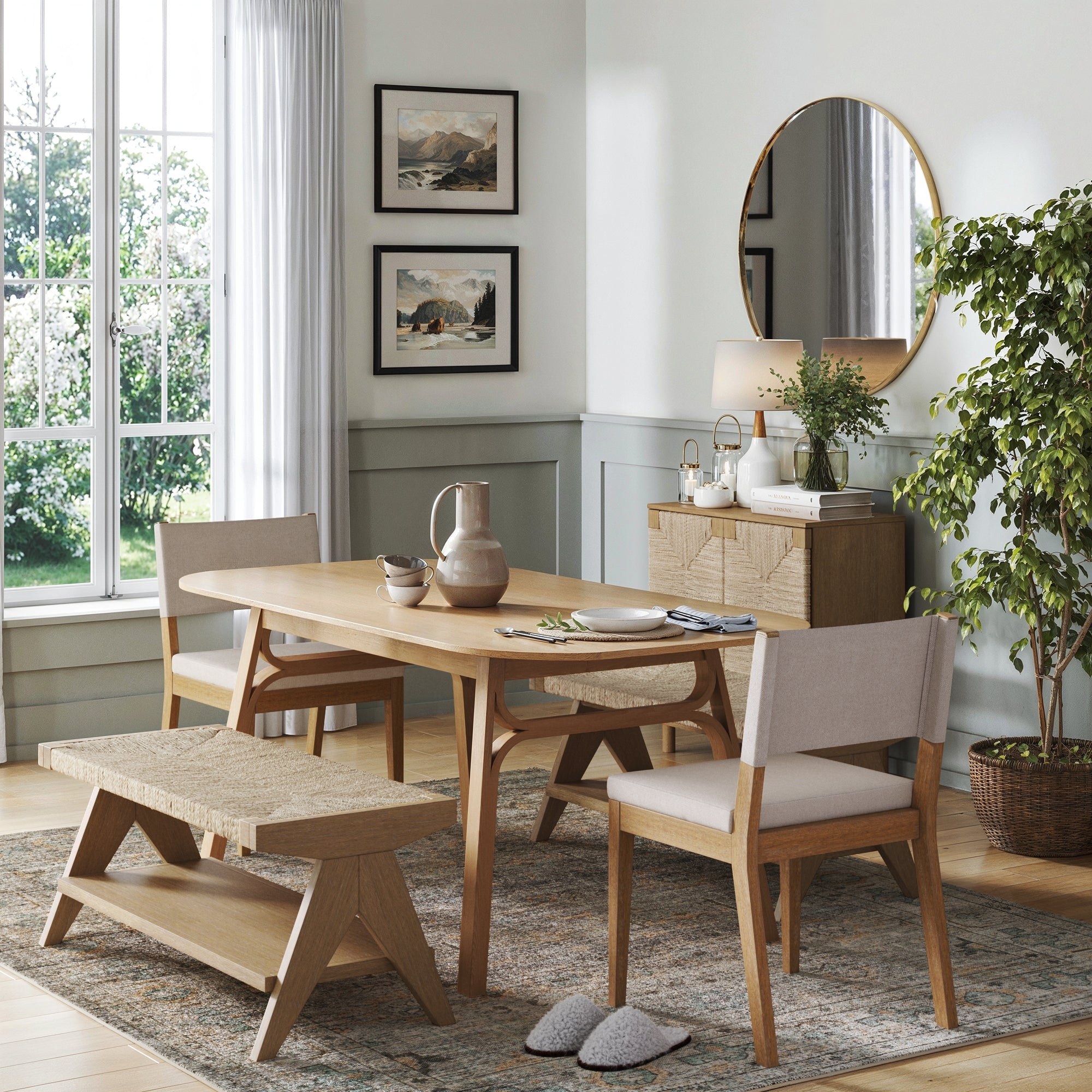 Wood & Seagrass Entryway Bench with Shelf - Nathan James