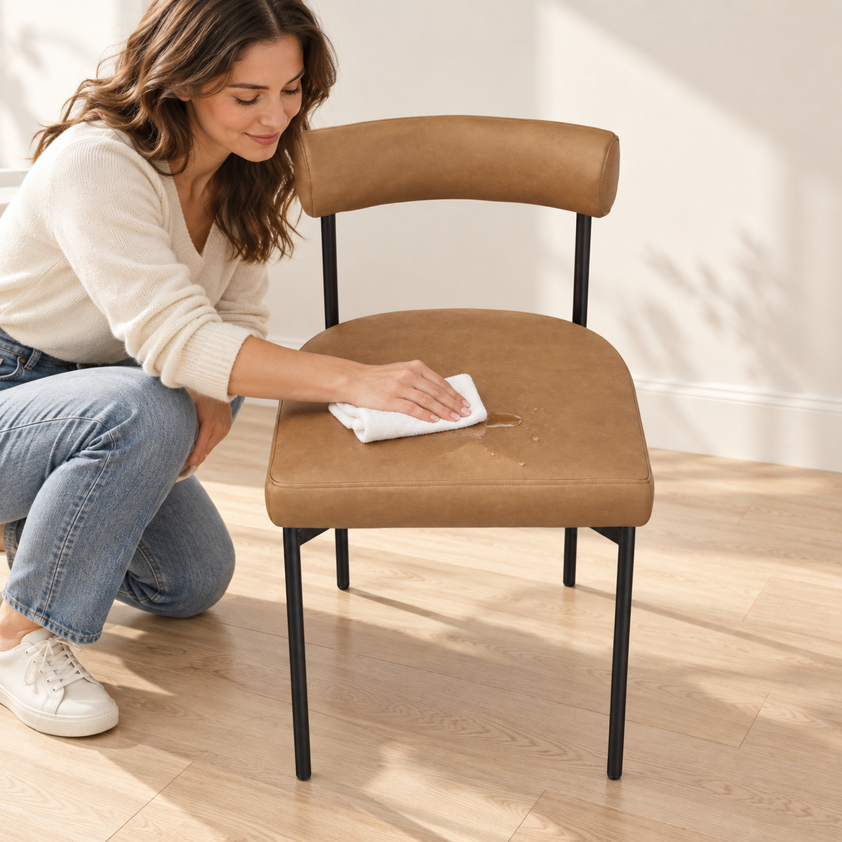 A woman kneeling on the floor wipes a spill off a tan chair seat with a white cloth.