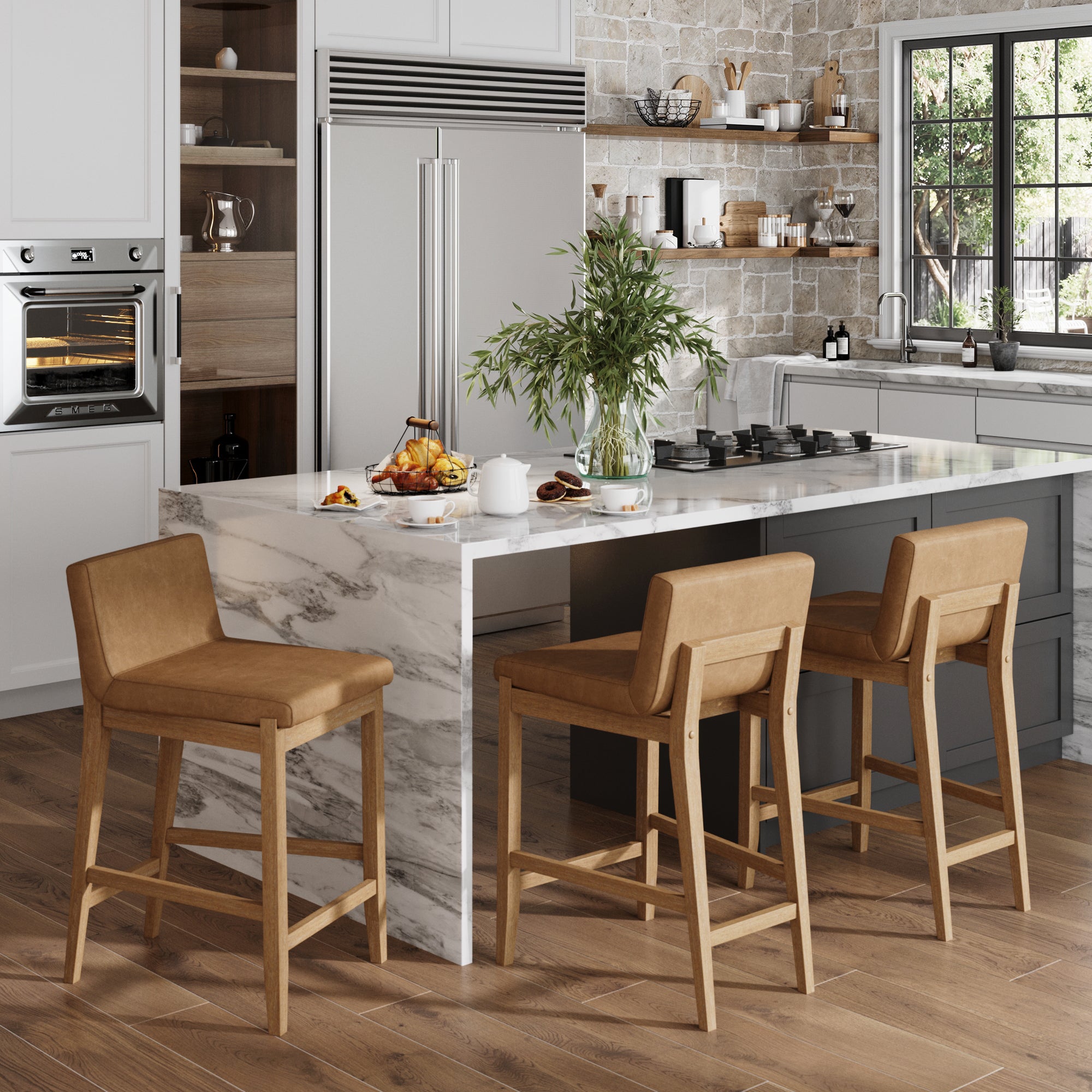 Faux Leather Counter Height Bar Stools Light Brown (Set of 3) - Nathan James