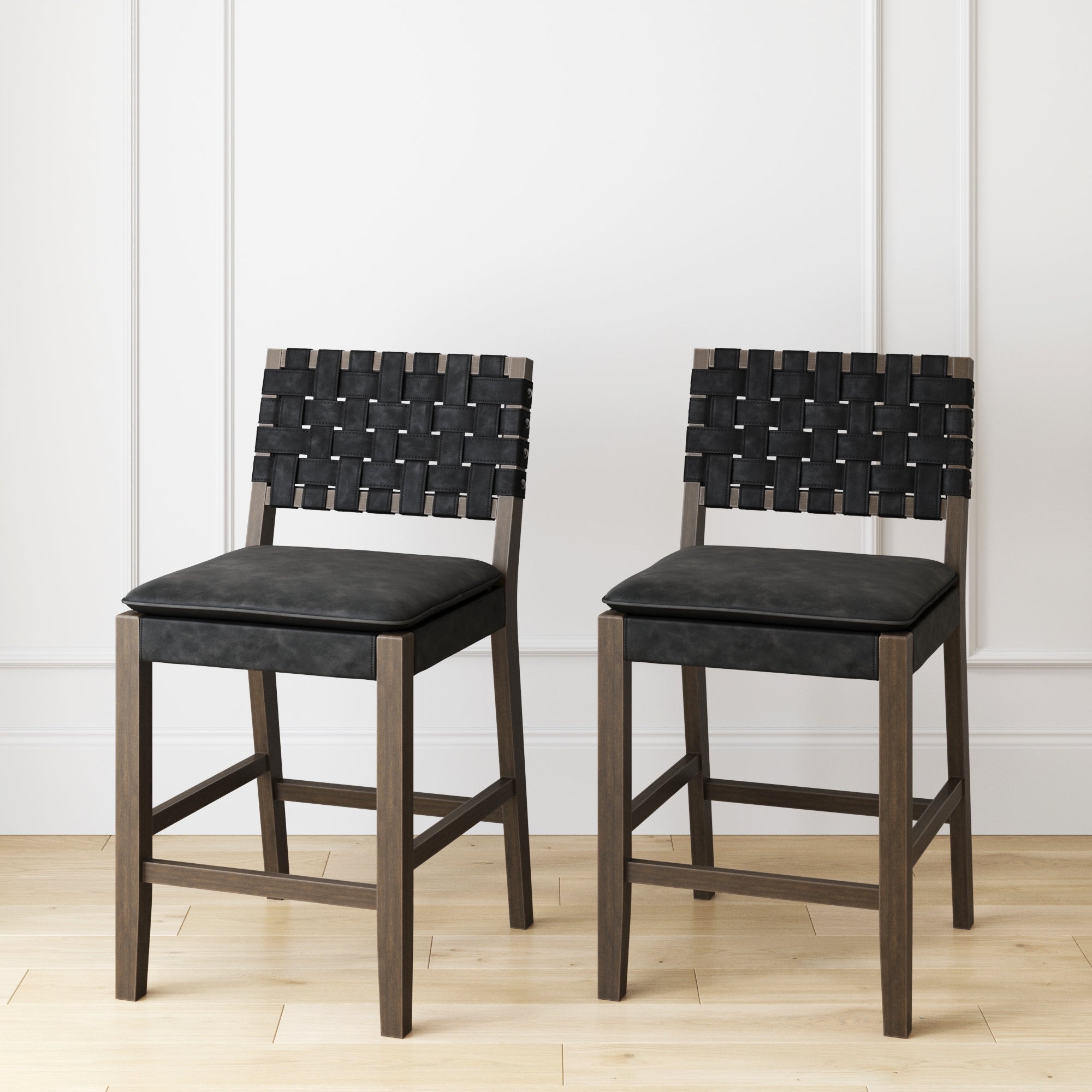 Faux Leather Woven Counter Height Bar Stools Black (Set of 2) - Nathan James