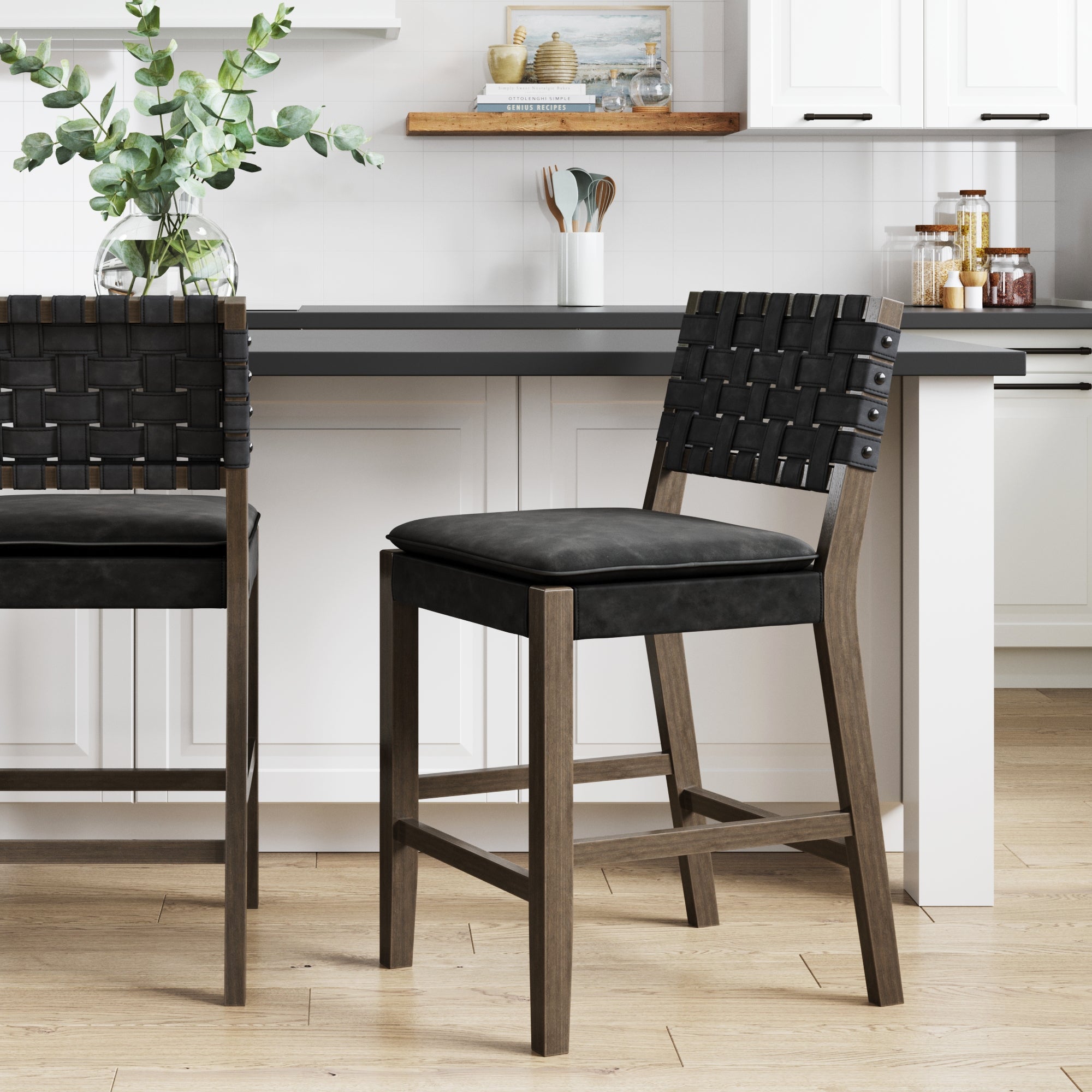 Faux Leather Woven Counter Height Bar Stool Black - Nathan James