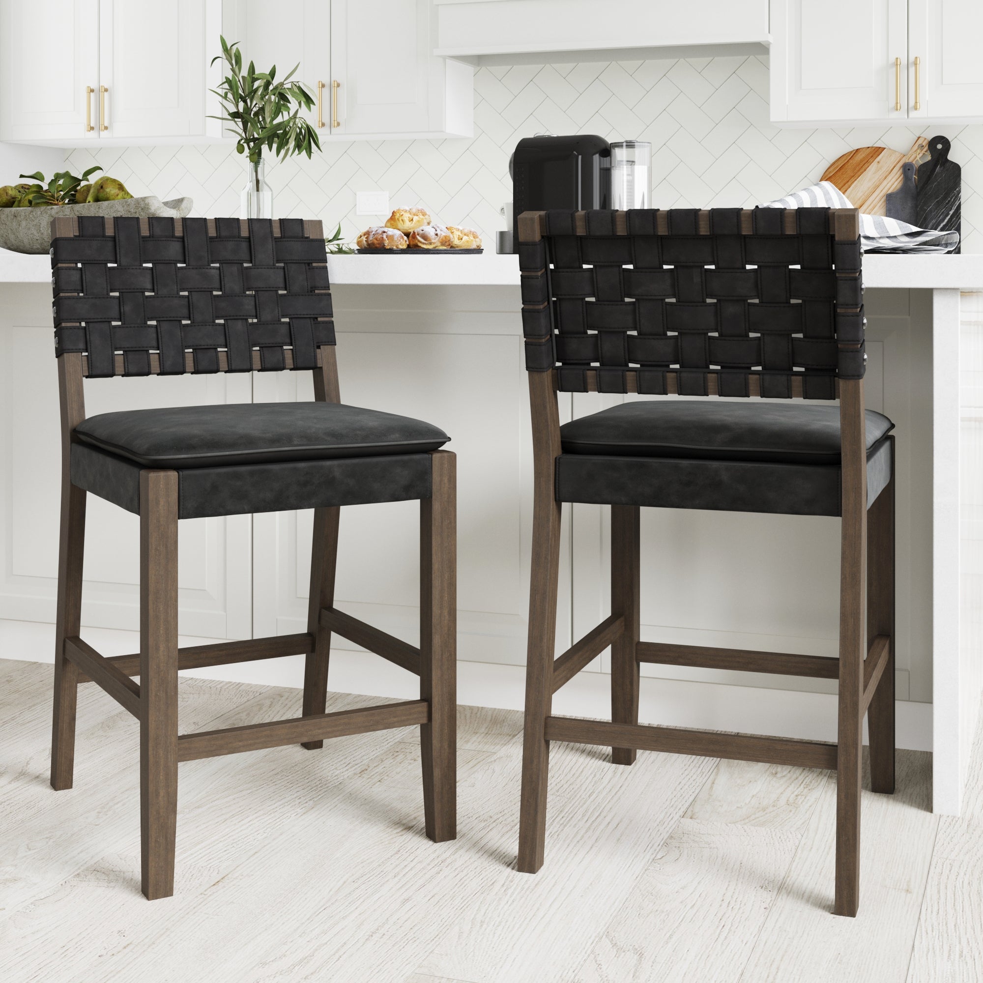Faux Leather Woven Counter Height Bar Stools Black (Set of 2) - Nathan James
