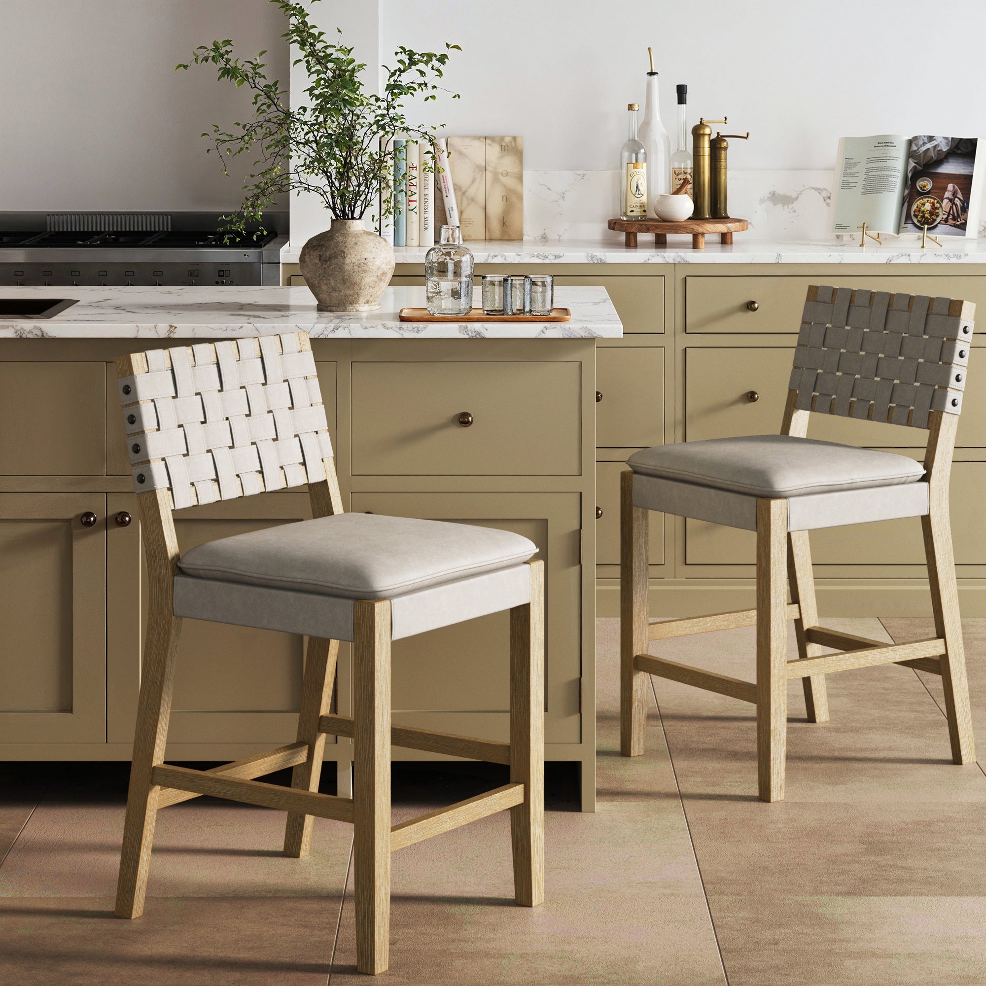 Woven Faux Leather Counter Height Bar Stool Gray Mahogany (Set of 2) - Nathan James