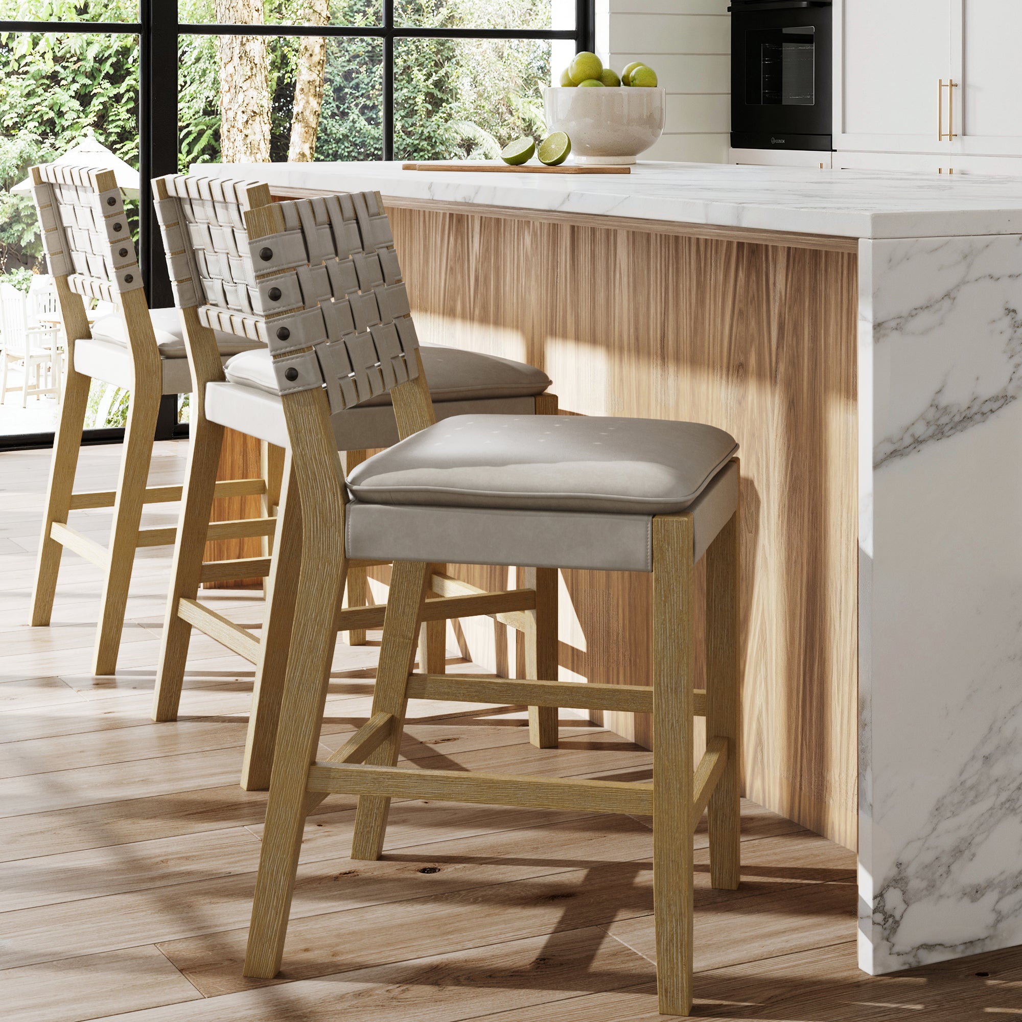 Woven Faux Leather Counter Height Bar Stool Gray Mahogany (Set of 3) - Nathan James