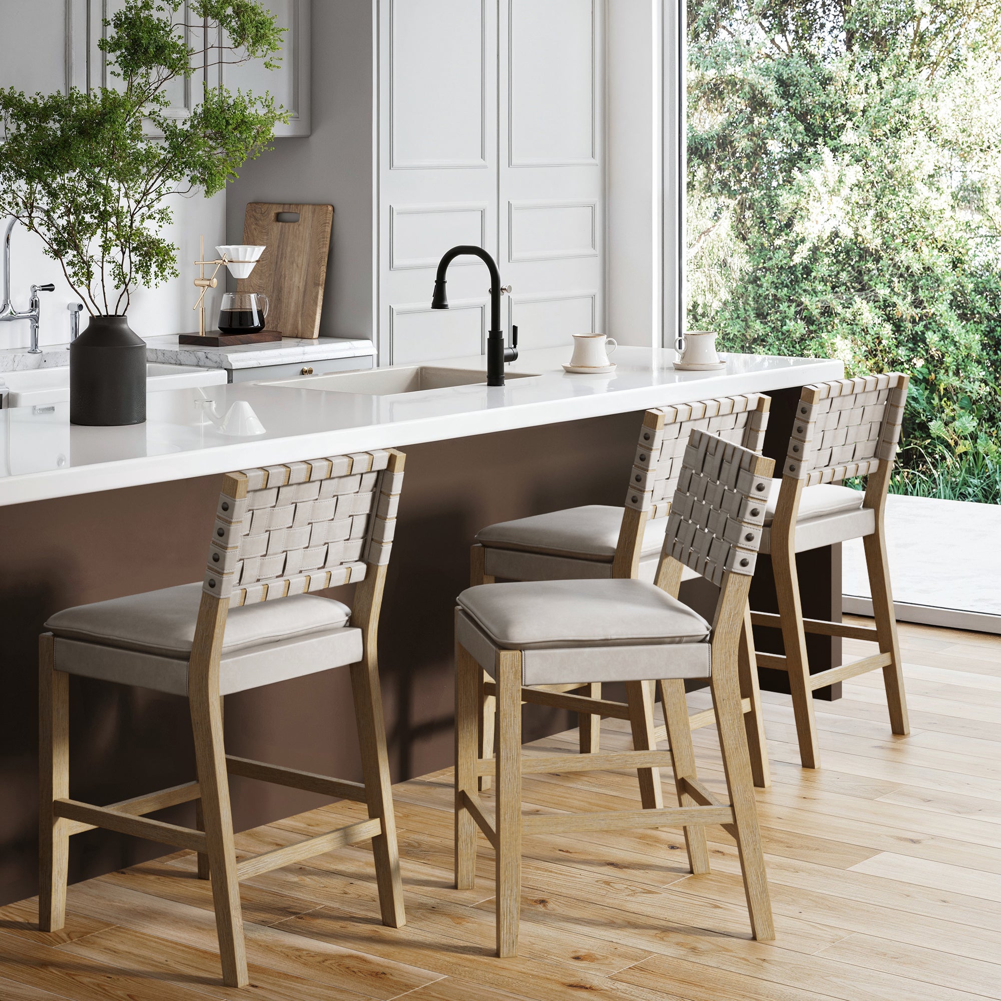 Woven Faux Leather Counter Height Bar Stool Gray Mahogany (Set of 4) - Nathan James
