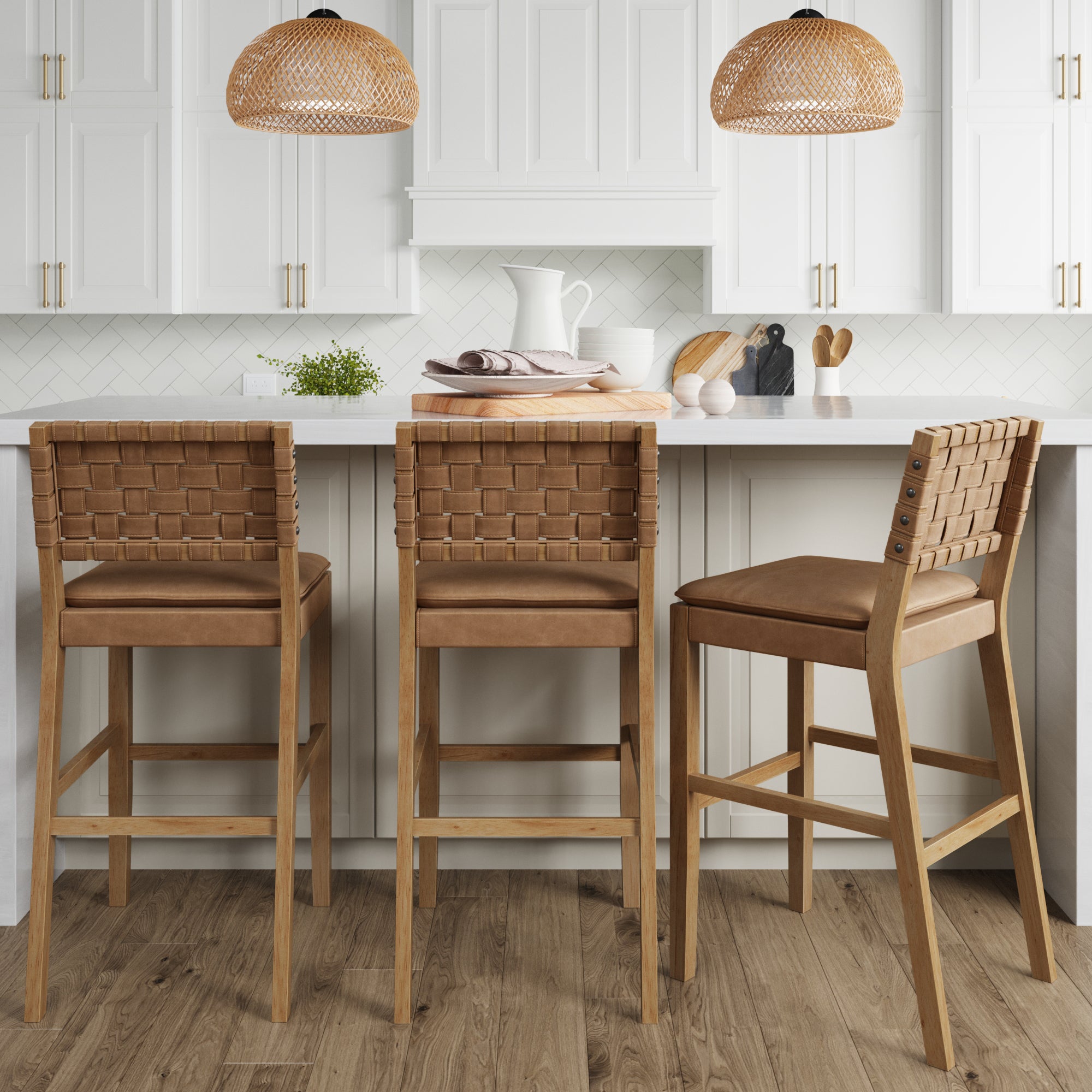 Faux Leather Woven Bar Stools Brown (Set of 3) - Nathan James