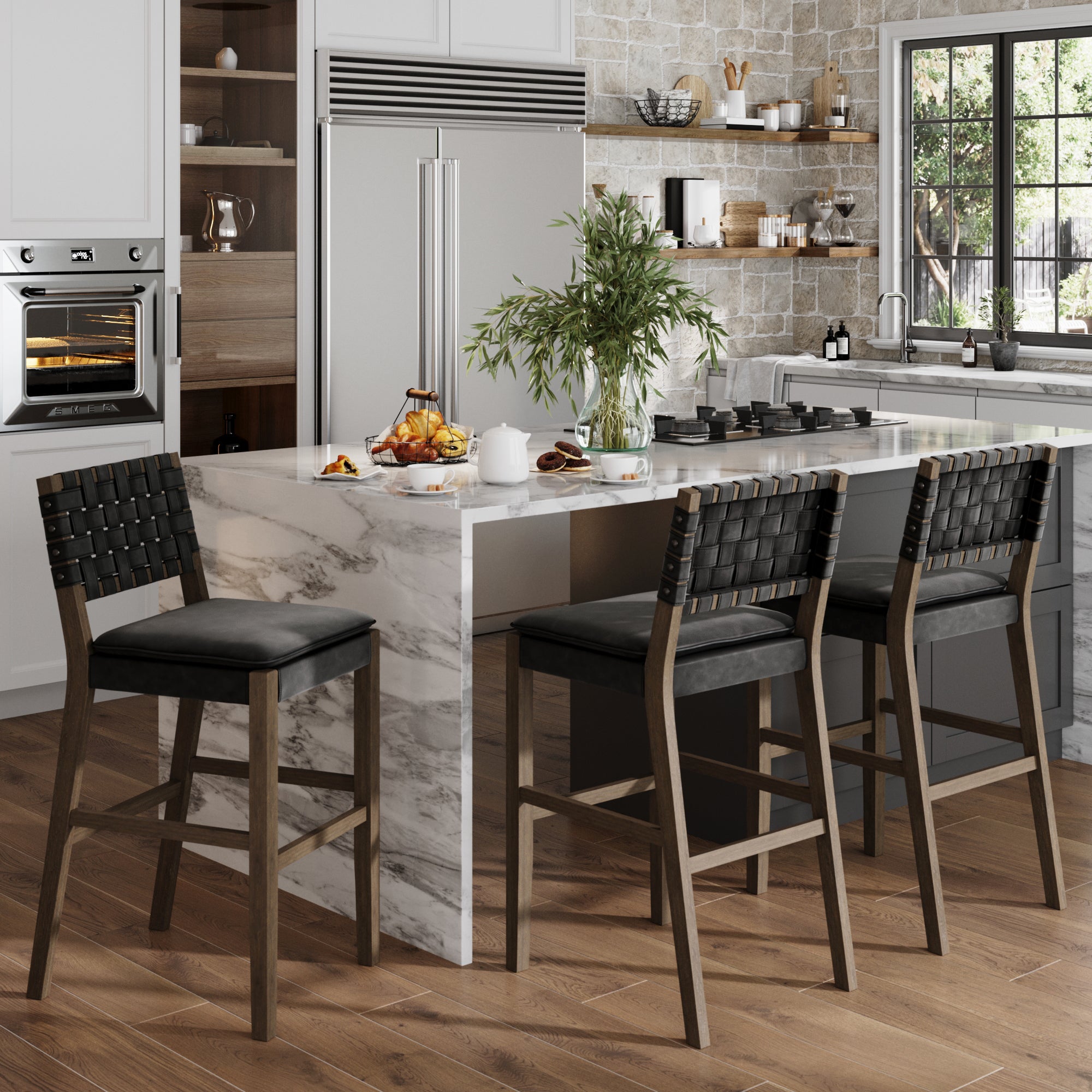 Faux Leather Woven Bar Stools Black (Set of 3) - Nathan James