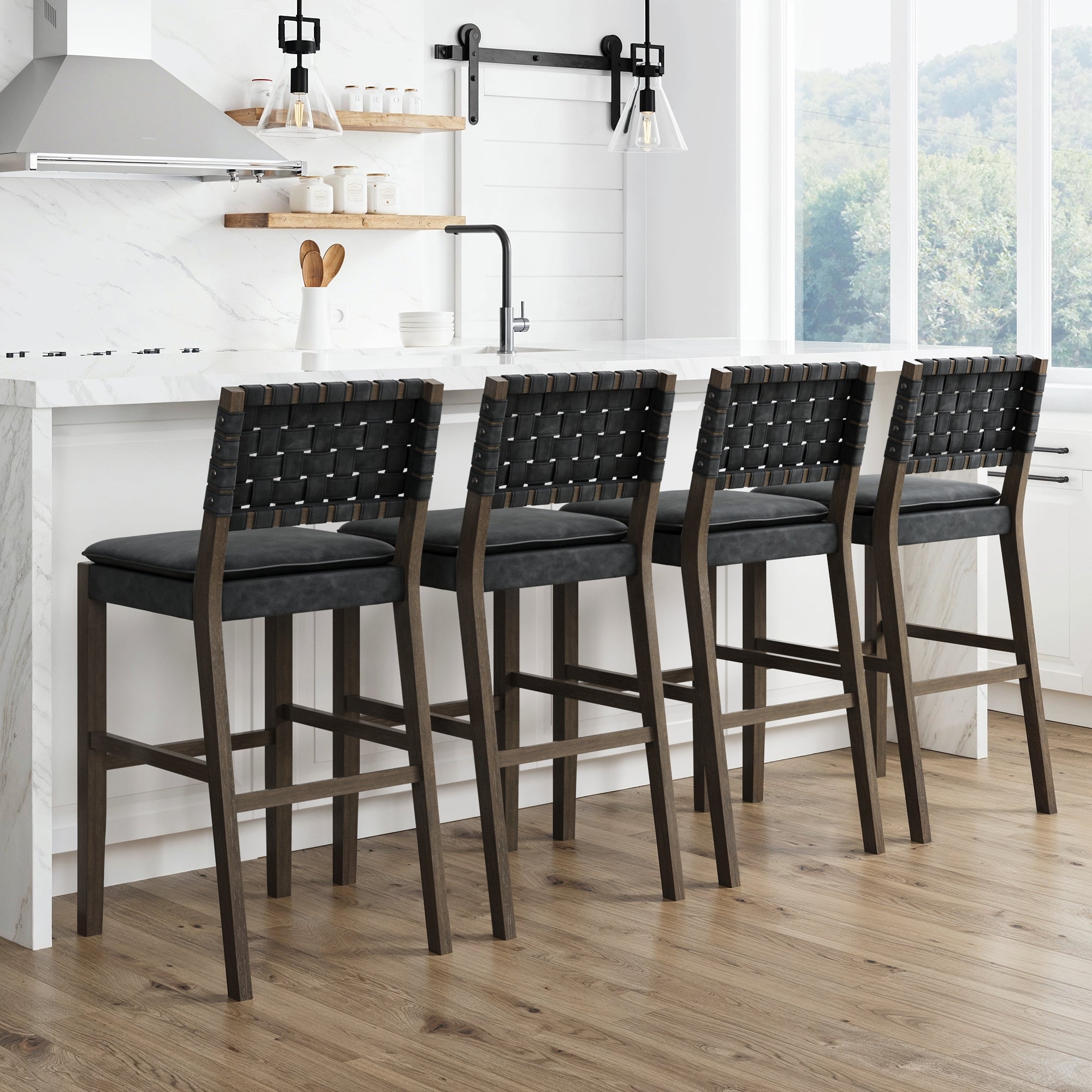 Faux Leather Woven Bar Stools Black (Set of 4) - Nathan James