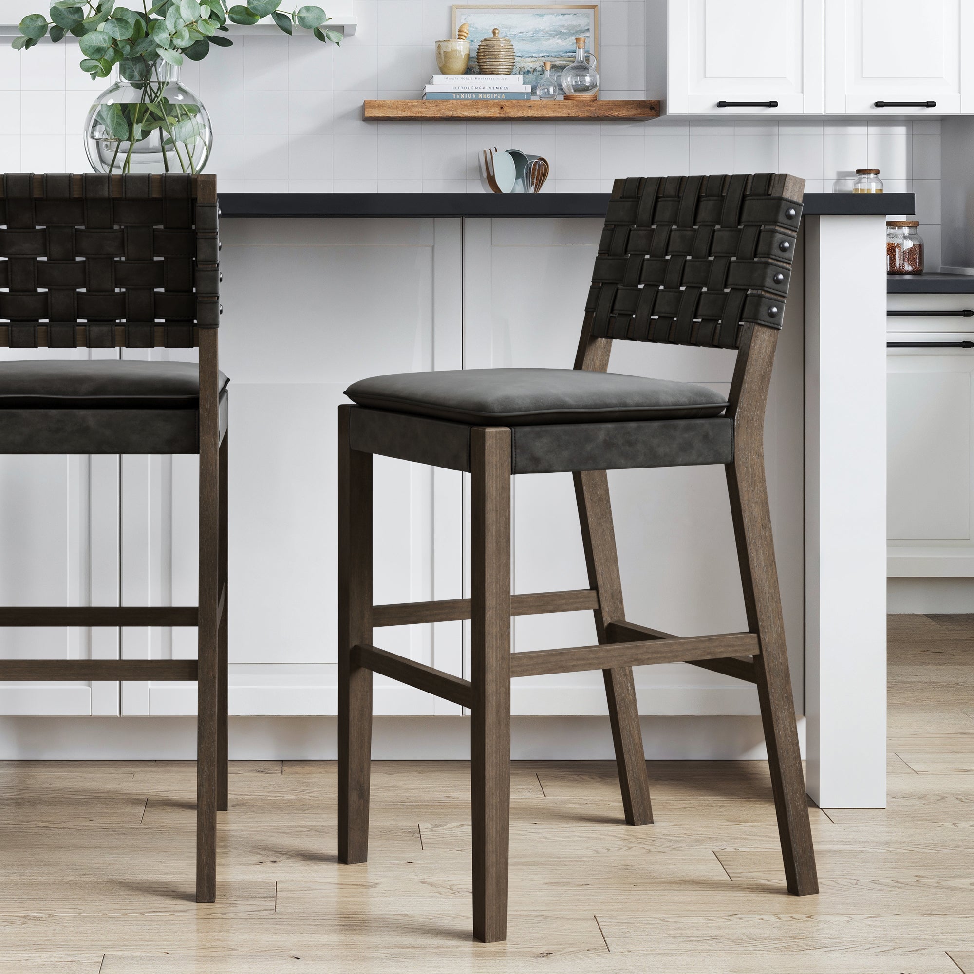 Faux Leather Woven Bar Stool Black - Nathan James