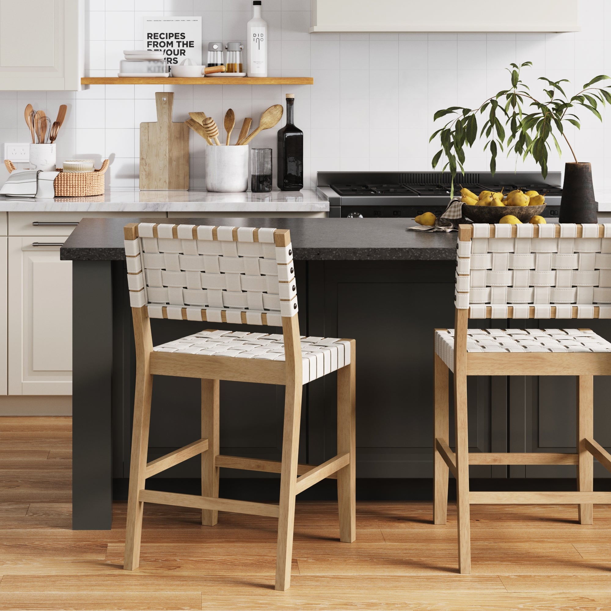 Faux Leather Woven Counter Height Bar Stools Off White (Set of 2) - Nathan James