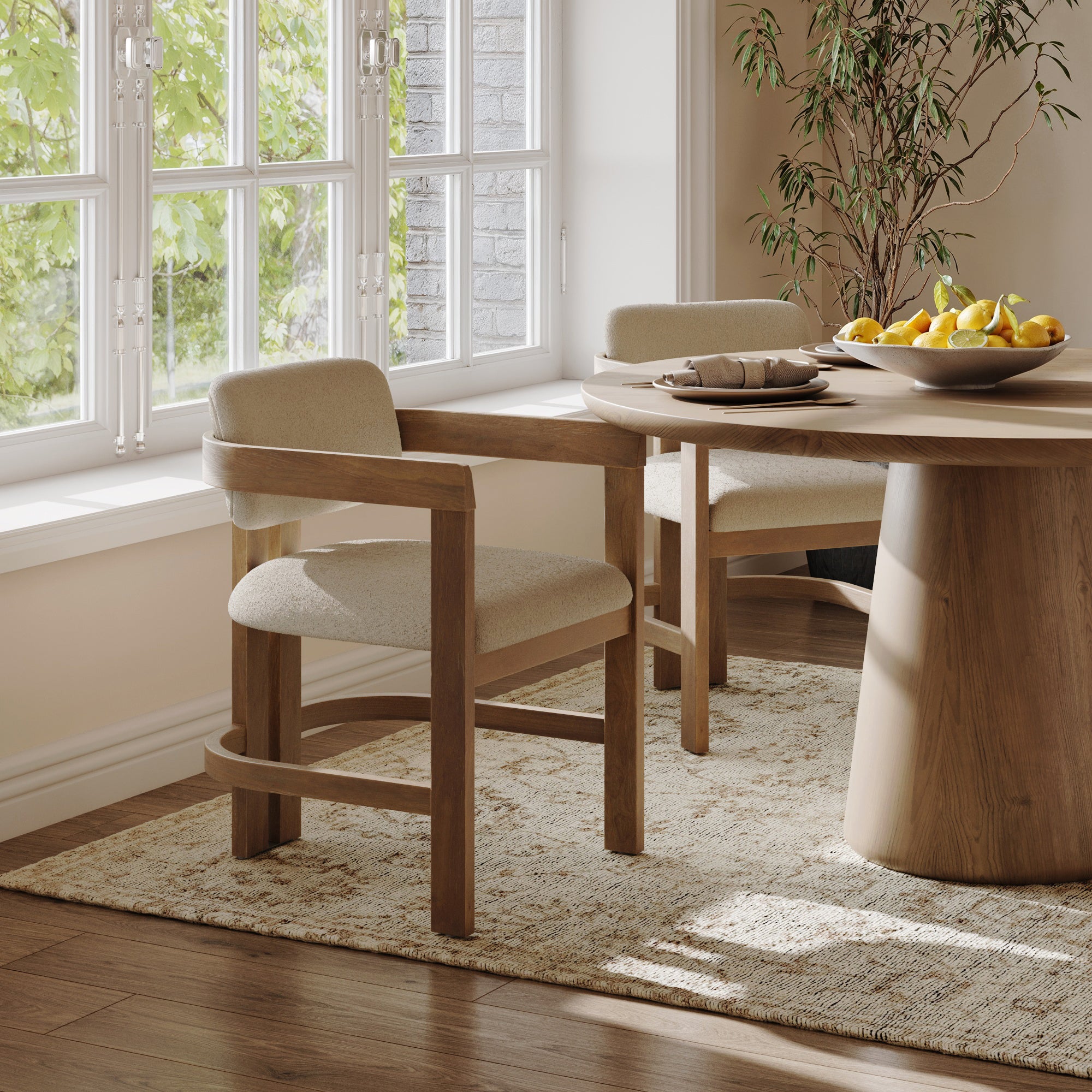 Boucle Dining Chair w/ Curved Back and Arm Light Brown (Set of 2) - Nathan James