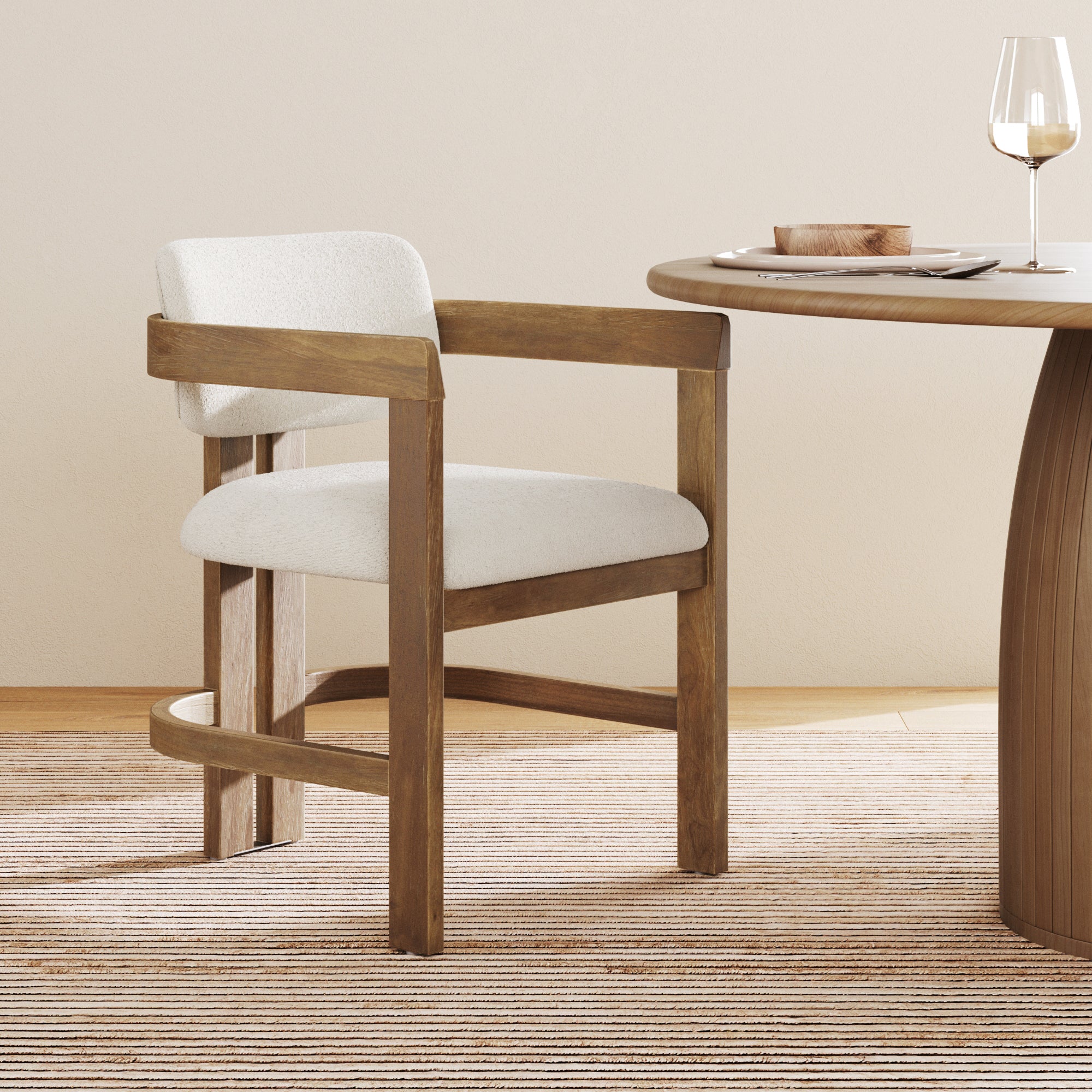 Boucle Barrel Dining Chair w/ Curved Back and Arm Light Brown - Nathan James
