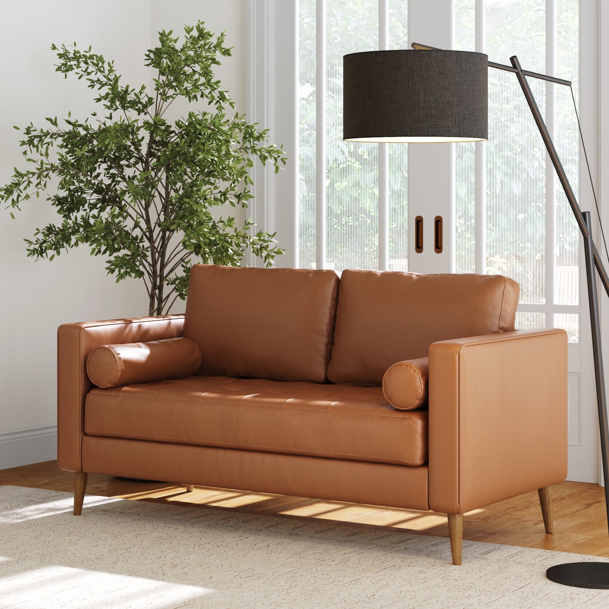 Mid - Century Tufted Leather Loveseat Sofa with Bench Seat Camel - Nathan James