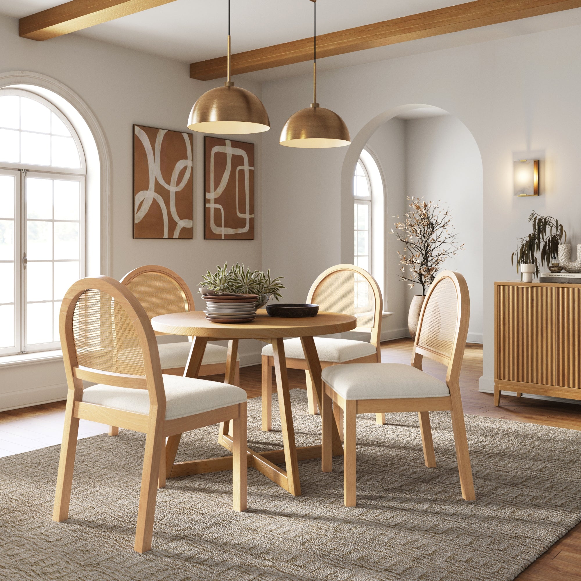 Boucle & Rattan Dining Chairs Warm Pine (Set of 4) - Nathan James