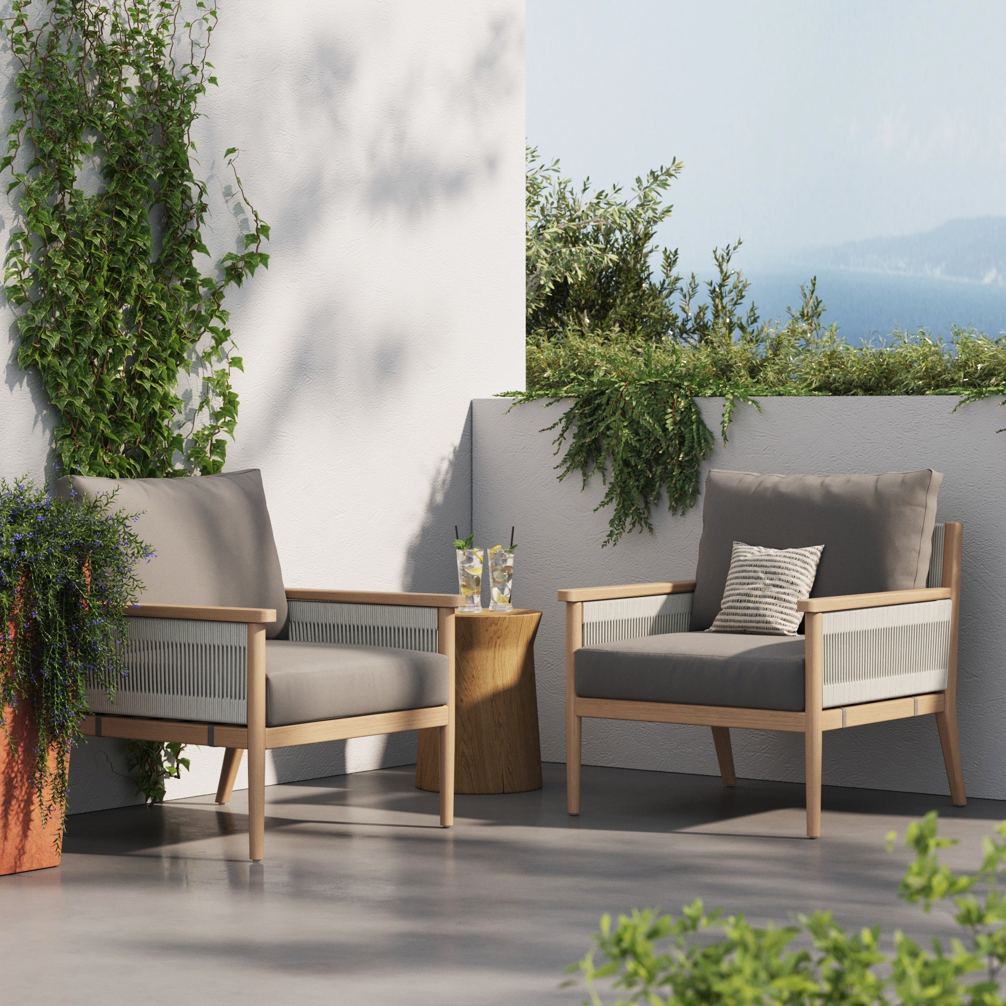 Outdoor Wood & Rope Patio Arm Chairs Medium Gray (Set of 2) - Nathan James