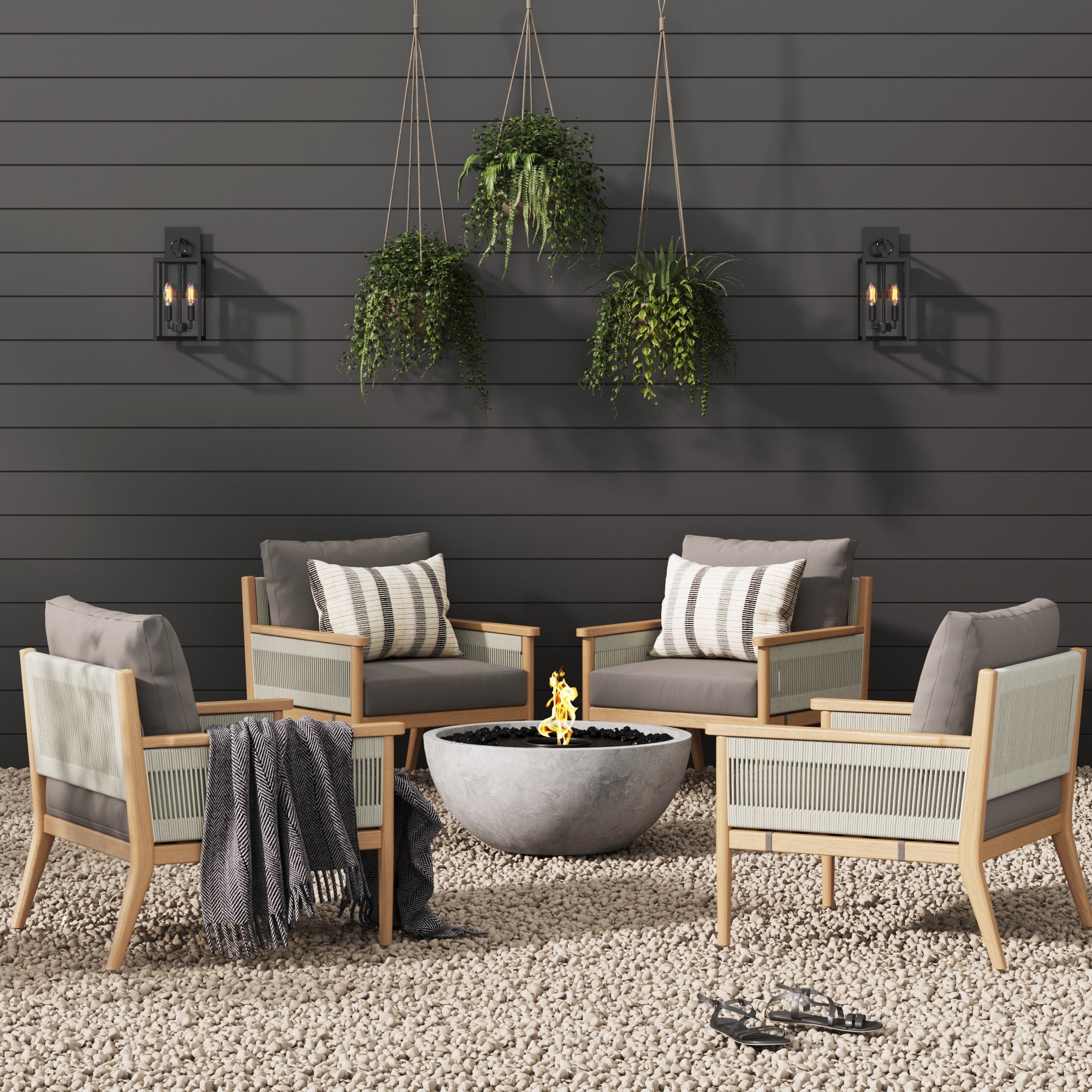 Outdoor Wood & Rope Patio Arm Chairs Medium Gray (Set of 4) - Nathan James