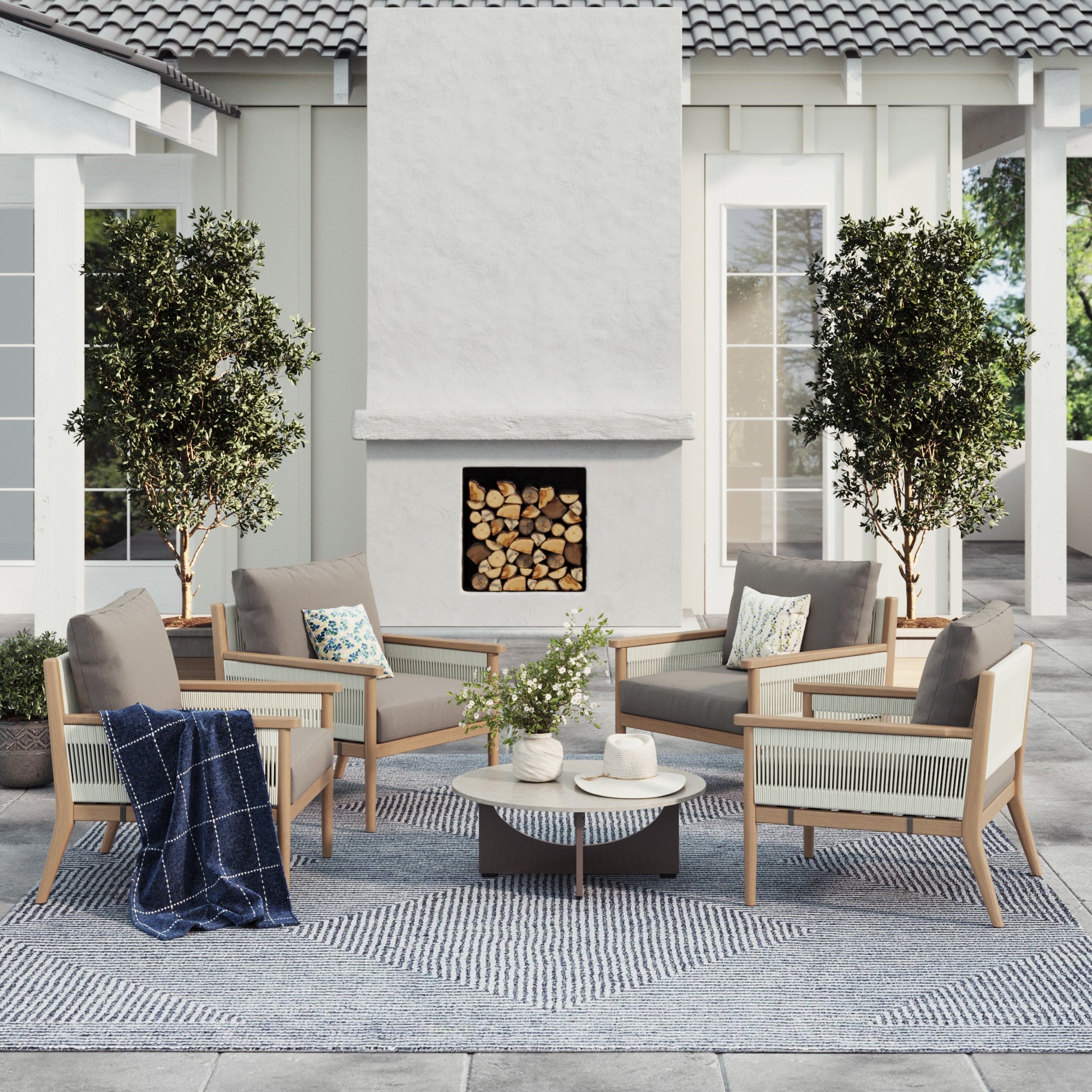 Outdoor Wood & Rope Patio Arm Chairs Medium Gray (Set of 4) - Nathan James