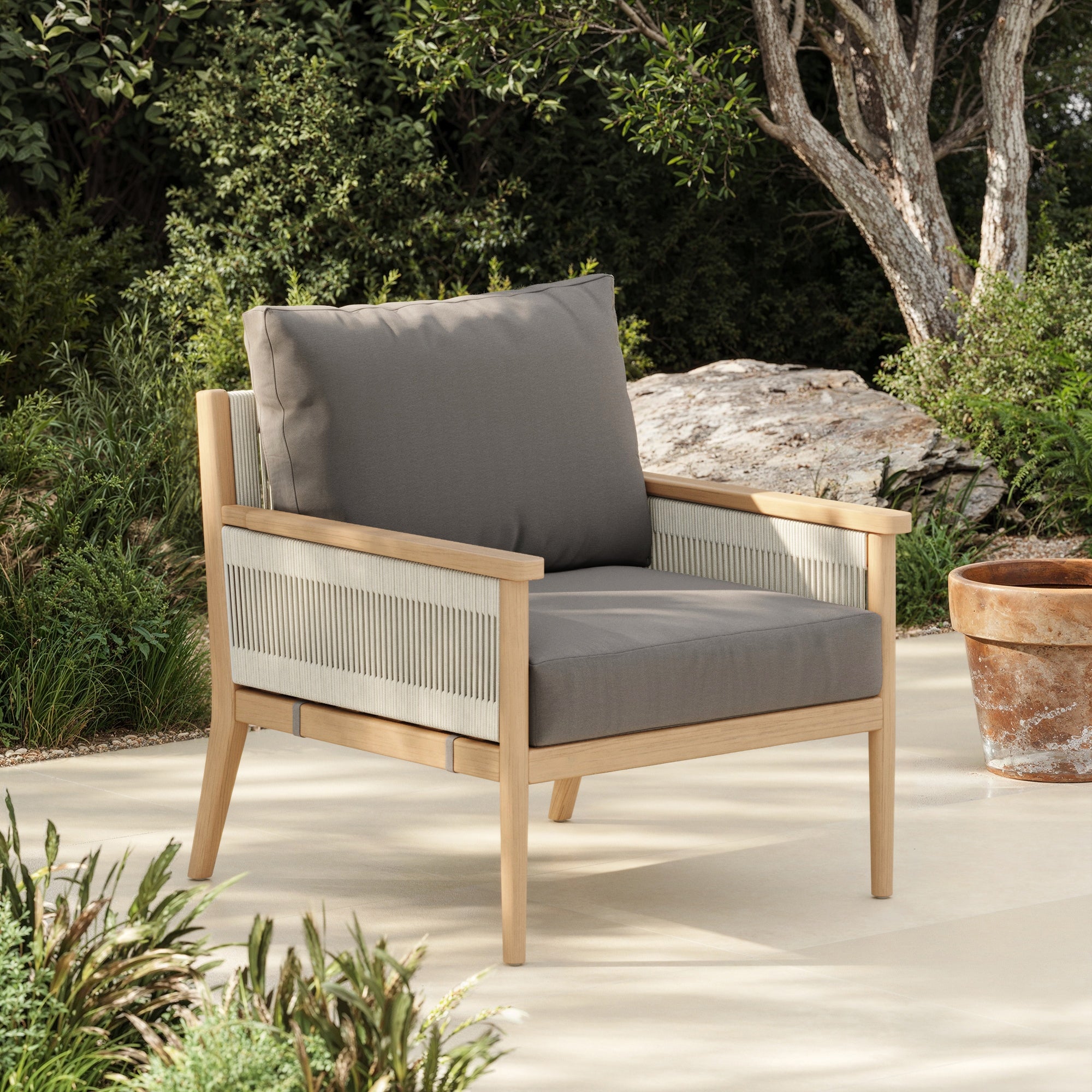 Outdoor Wood & Rope Patio Arm Chair Medium Gray - Nathan James