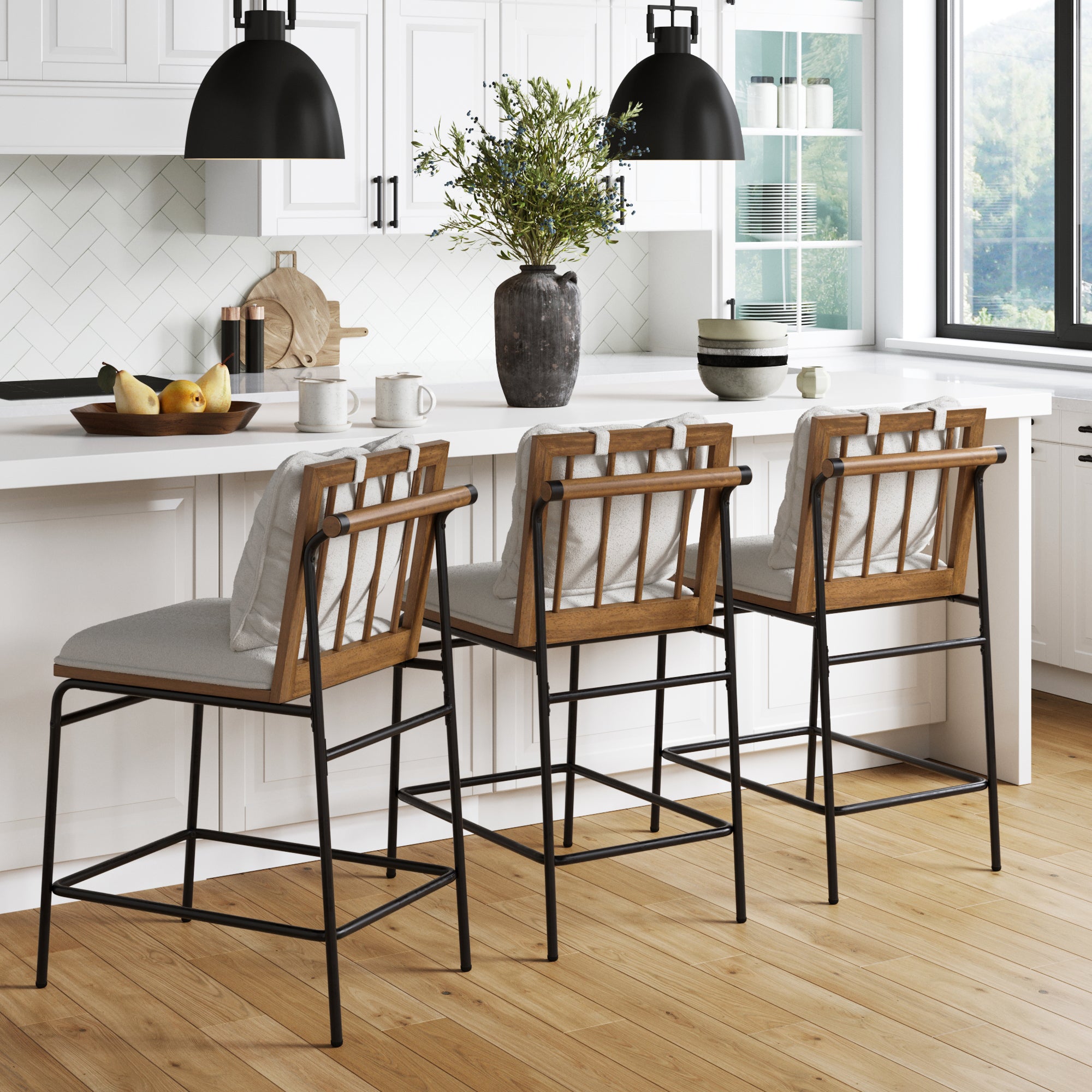 Metal Bar Stool with Cushion and Solid Wood Frame (Set of 3) - Nathan James