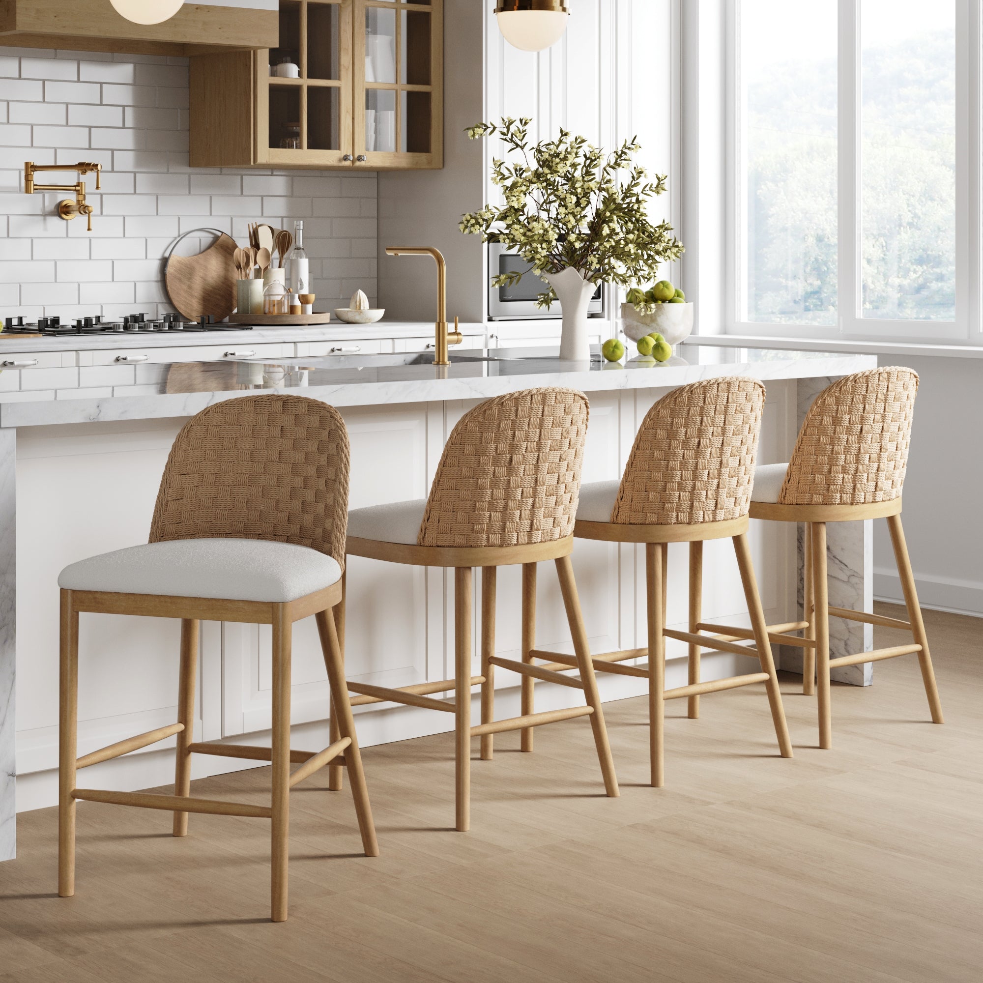 Woven Seagrass Back & Boucle Counter Bar Stool Light Brown (Set of 4) - Nathan James