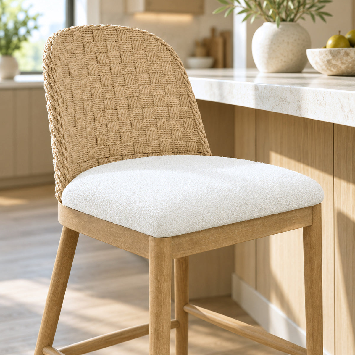 Counter stool with a woven rattan back, white textured seat, and light wood frame.