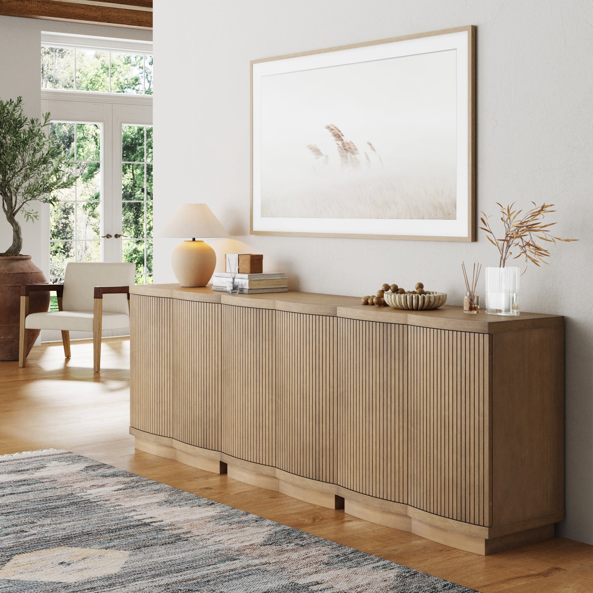 Mid - Century Modern Wood Fluted Cabinet Credenza Light Brown (Set of 3) - Nathan James