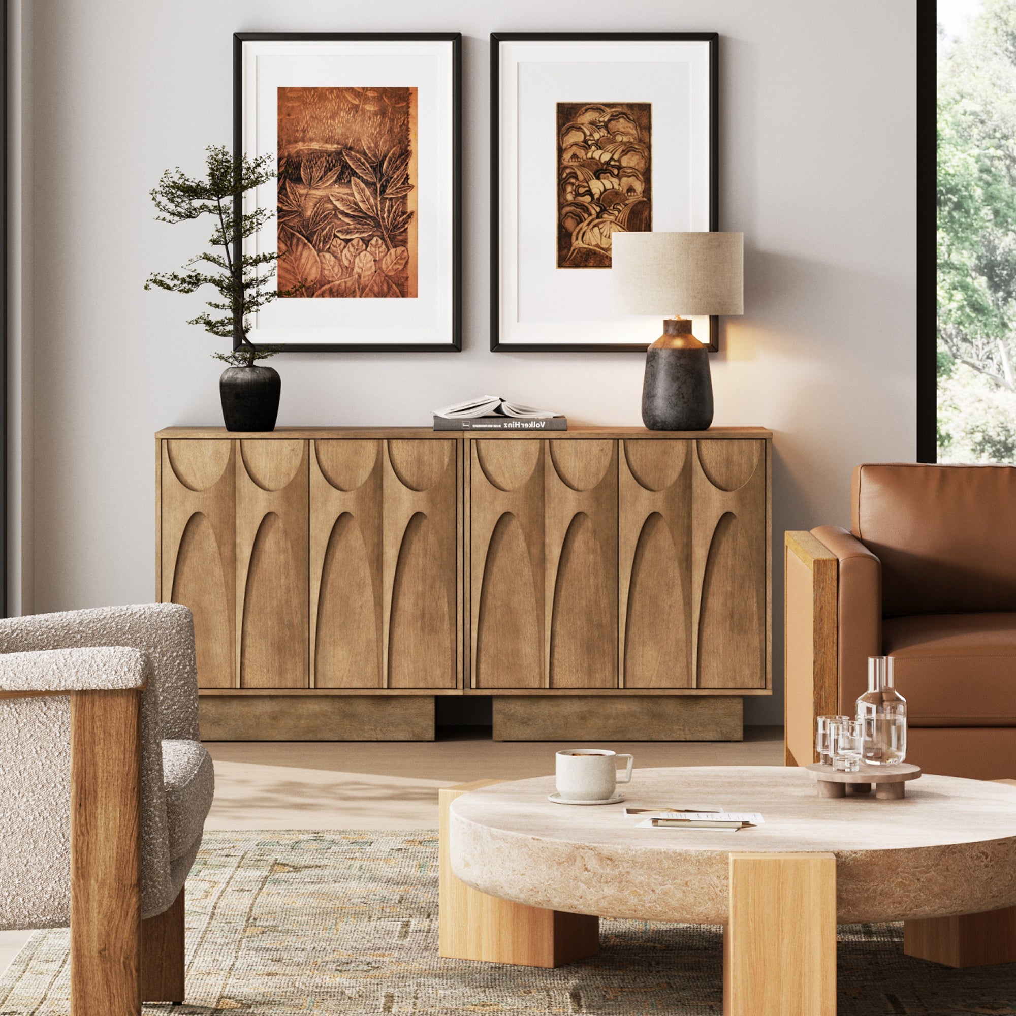 Mid Century Credenza with Antique Carved Doors Light Brown (Set of 2) - Nathan James