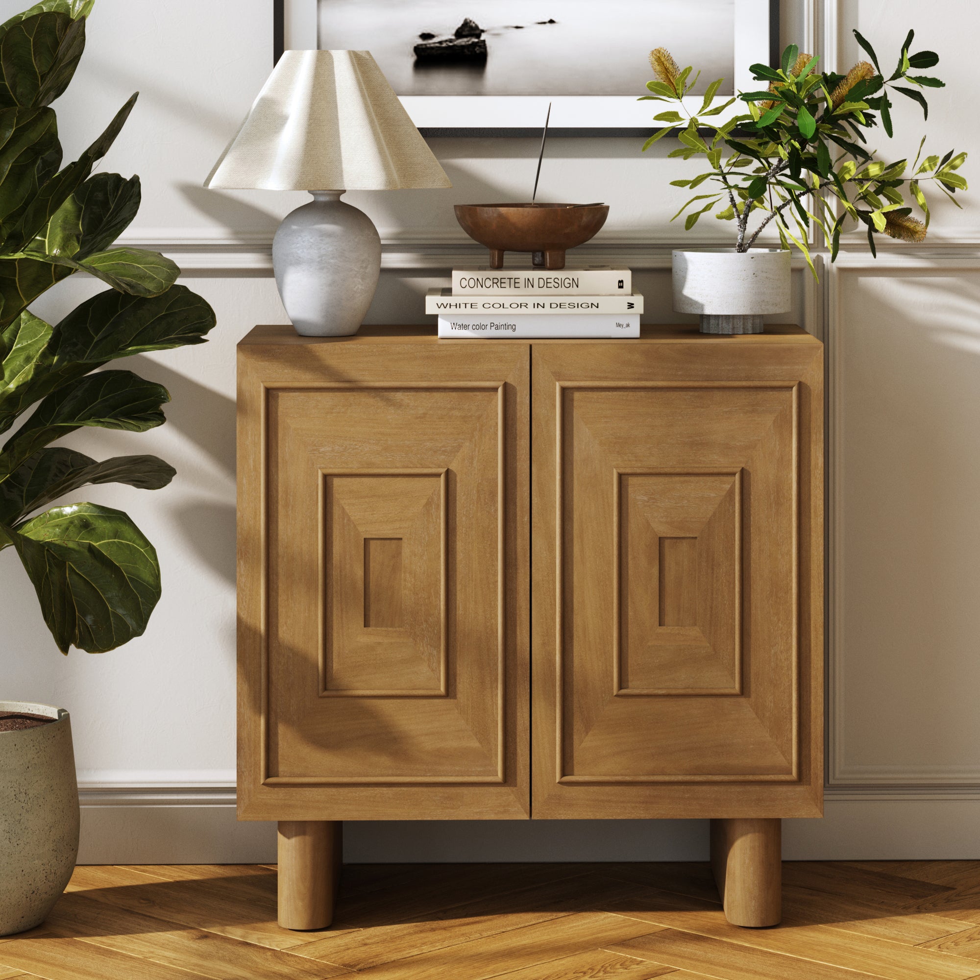 Mid Century Bar Cabinet Credenza with Sculpted Doors Light Brown - Nathan James