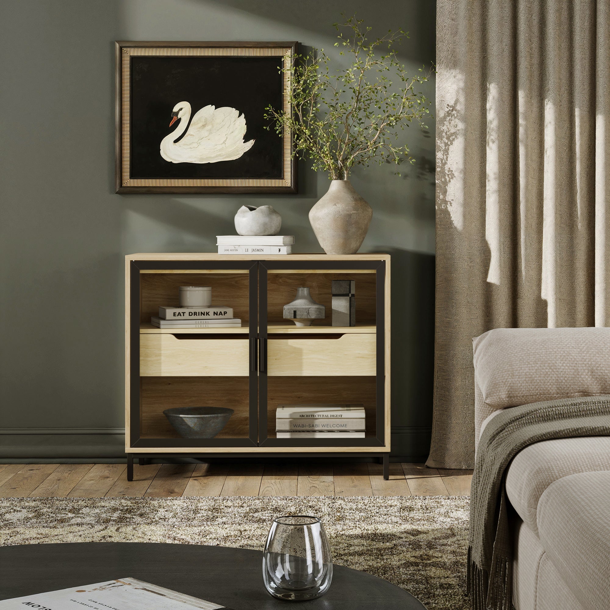 Two - Door Glass Accent Cabinet with Drawer Light Oak - Nathan James