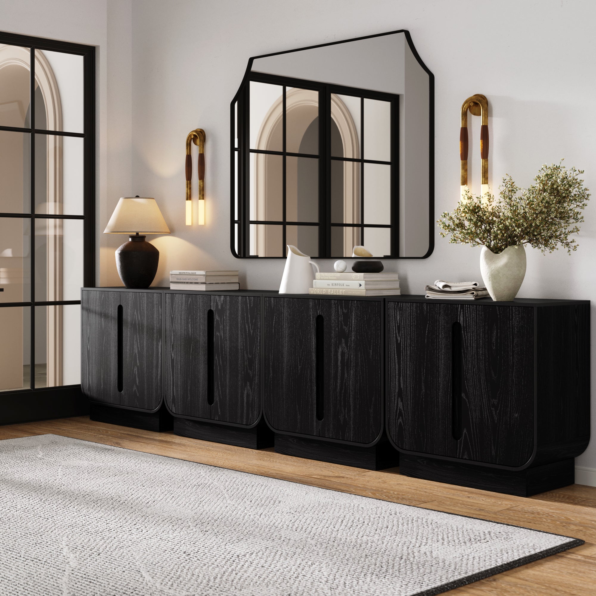 Wooden Arched TV Console Stand Black Oak for TVs 85" - Nathan James