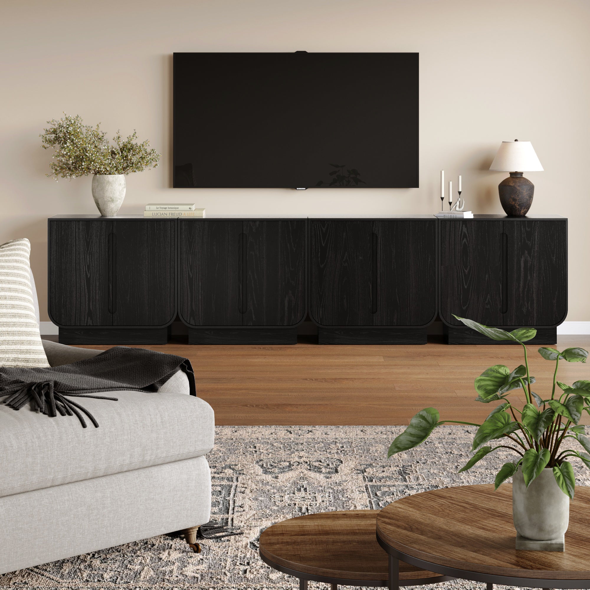 Wooden Arched TV Console Stand Black Oak for TVs 85" - Nathan James