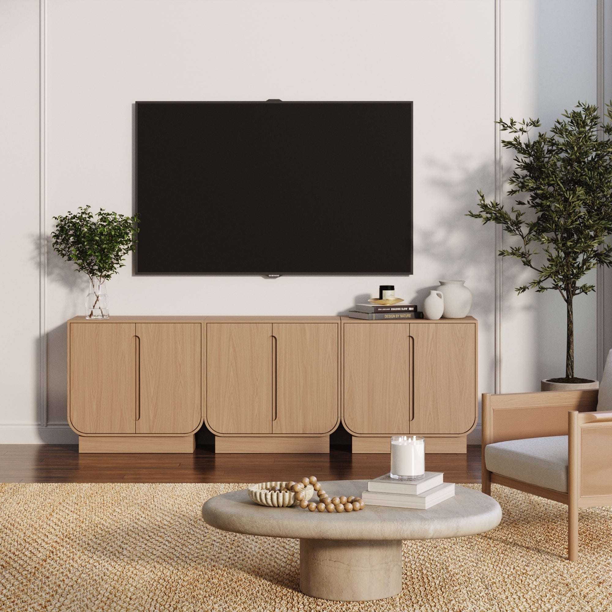 Wooden Arched TV Console Stand Raw Oak for TVs 75 - 85" - Nathan James
