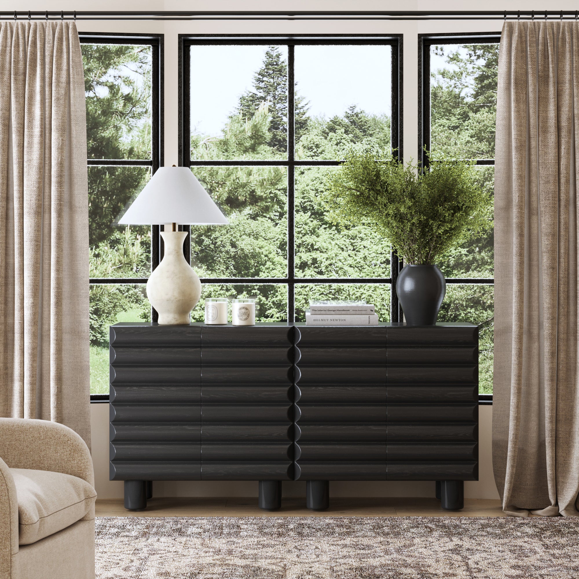 Wooden Sideboard Credenza Cabinet with Sculpted Door Black (Set of 2) - Nathan James
