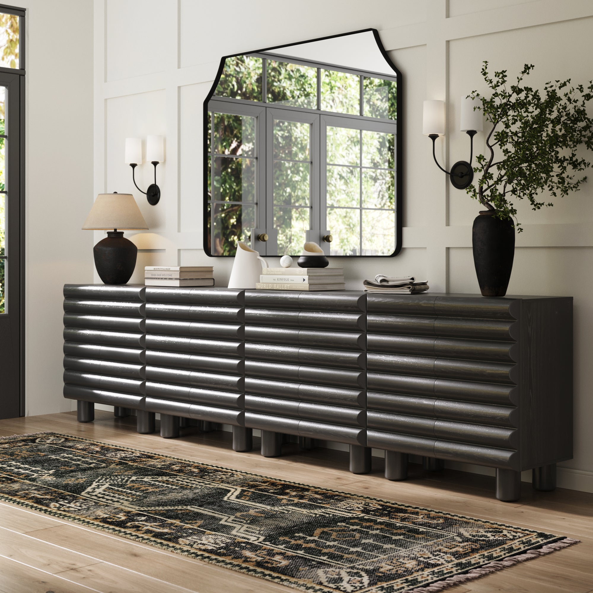 Modern Solid Wood TV Stand Cabinet with Sculpted Door for 85" TVs - Nathan James