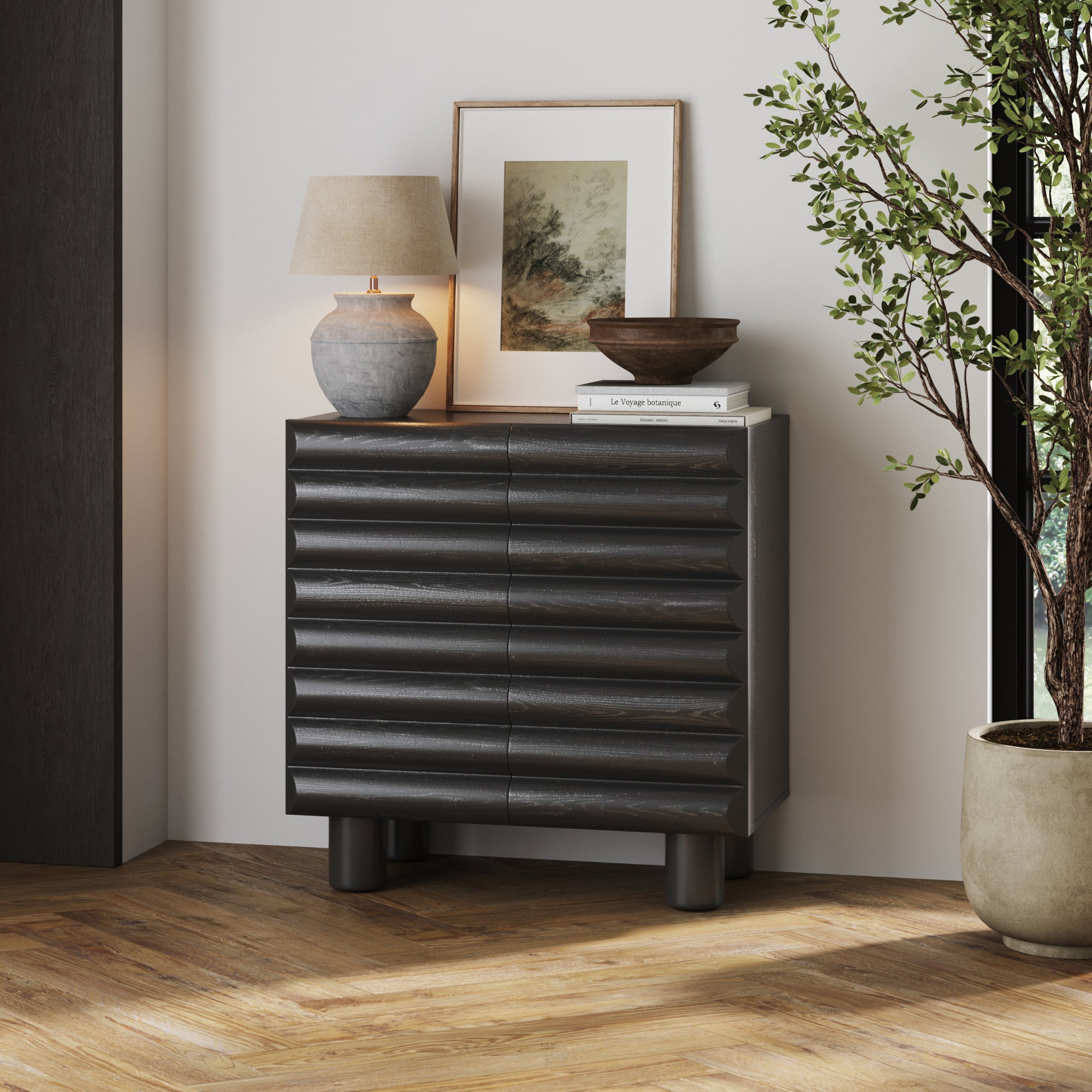 Wood Modern Accent Cabinet with Sculpted Door Black - Nathan James