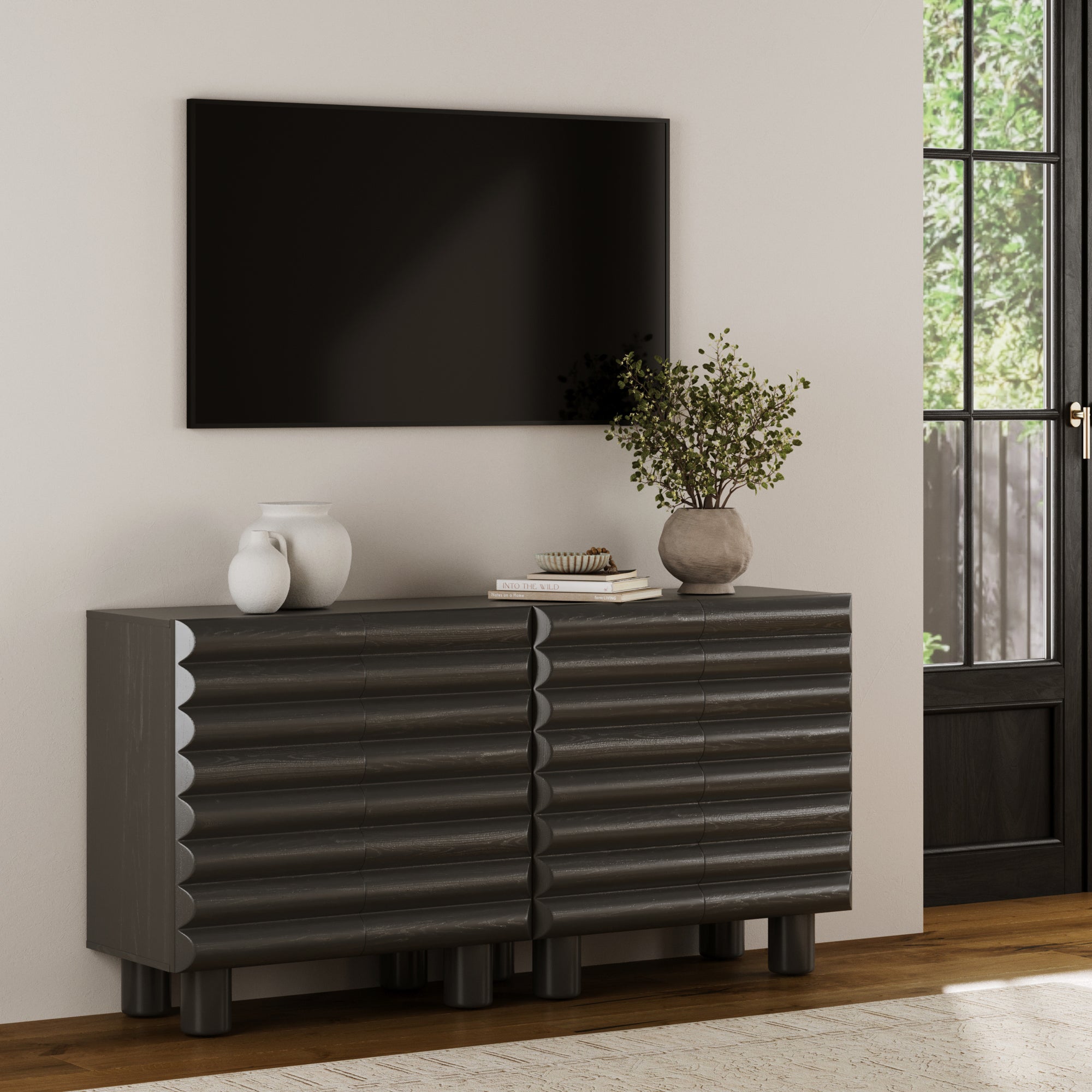 Modern Solid Wood TV Stand Cabinet with Sculpted Door for 55 - 65" TVs - Nathan James