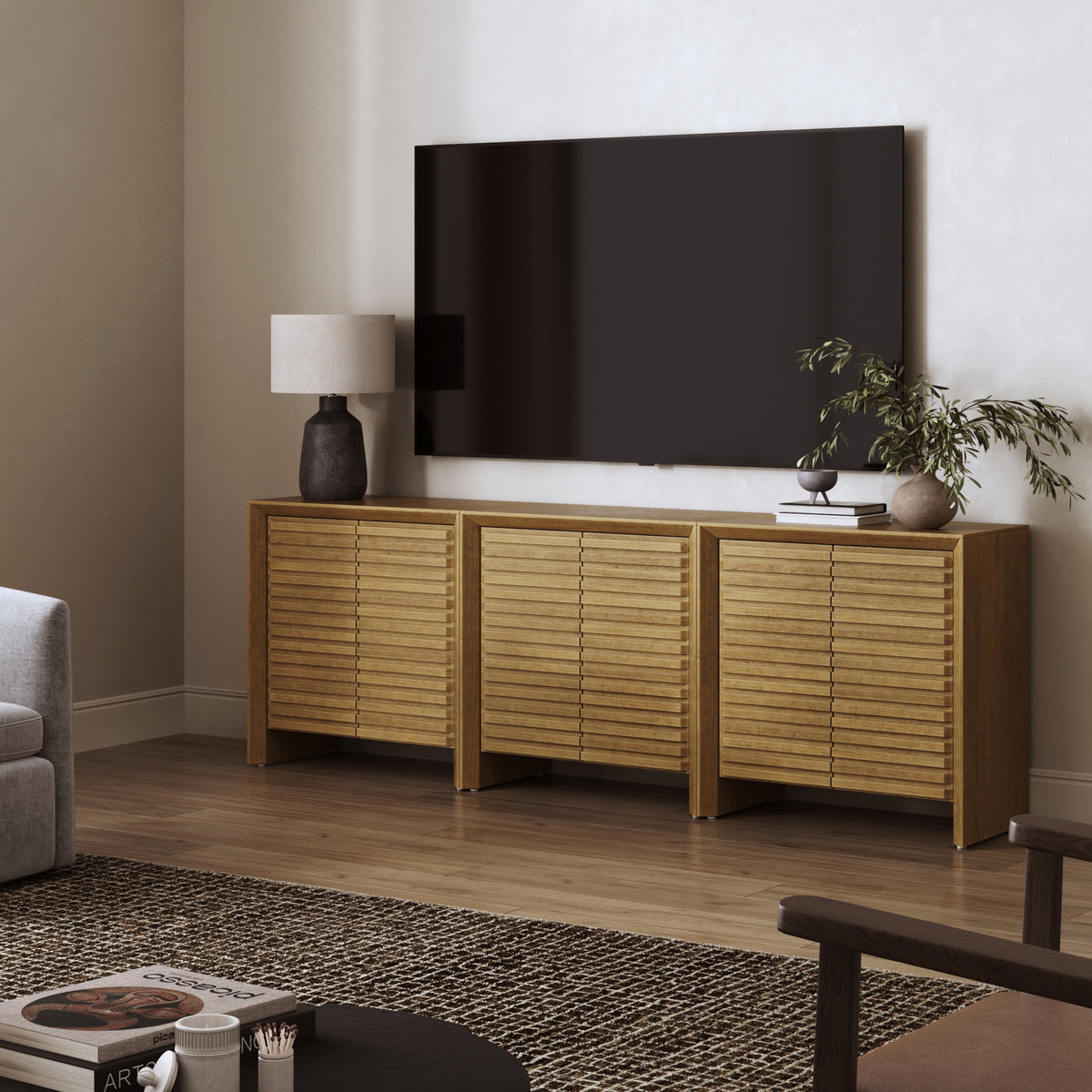 Modern Wood Storage Credenza with Slatted Doors Brown (Set of 3) - Nathan James