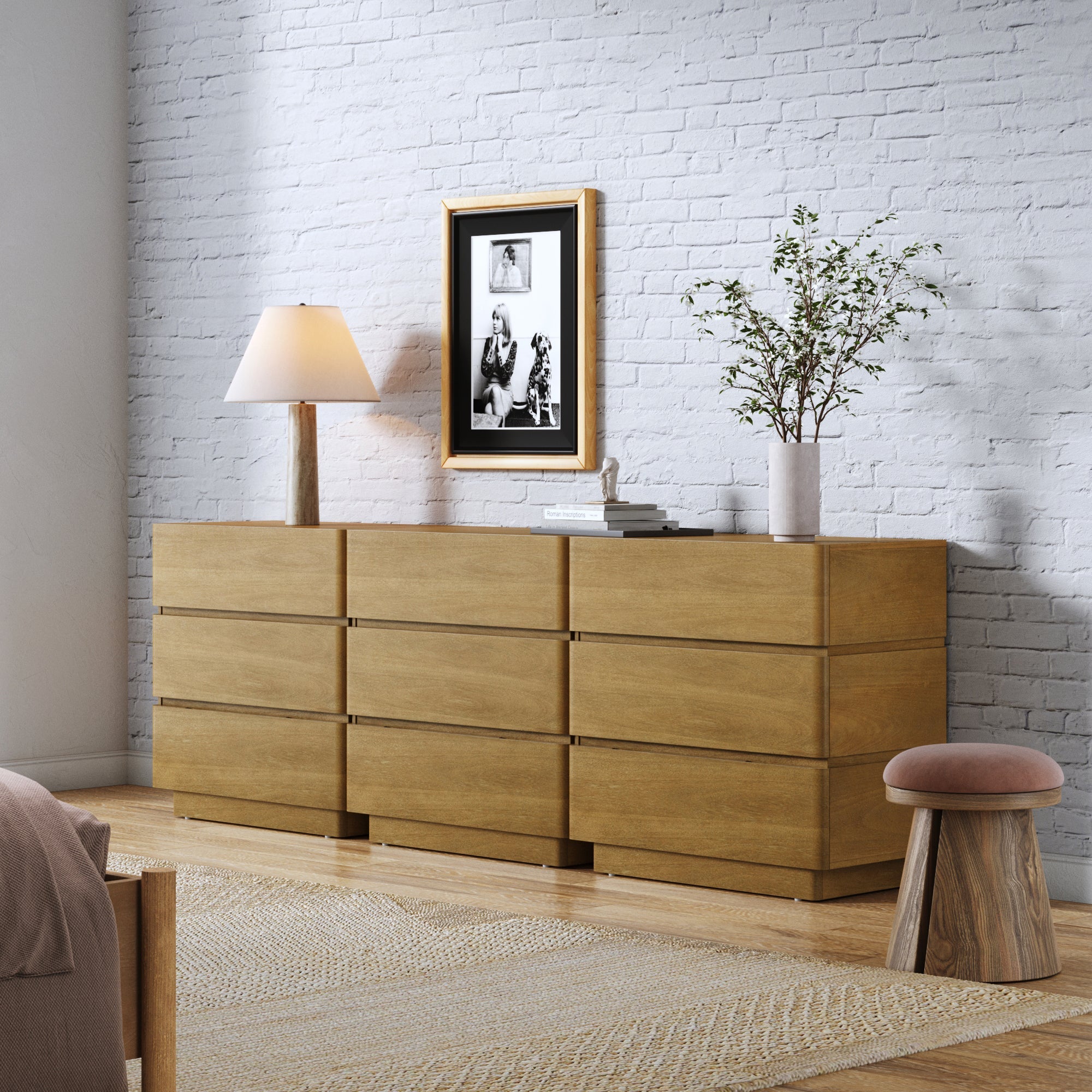Wooden Modern 3-Drawer Dresser or Oversized Nightstand Light Brown Set of 3 - Nathan James