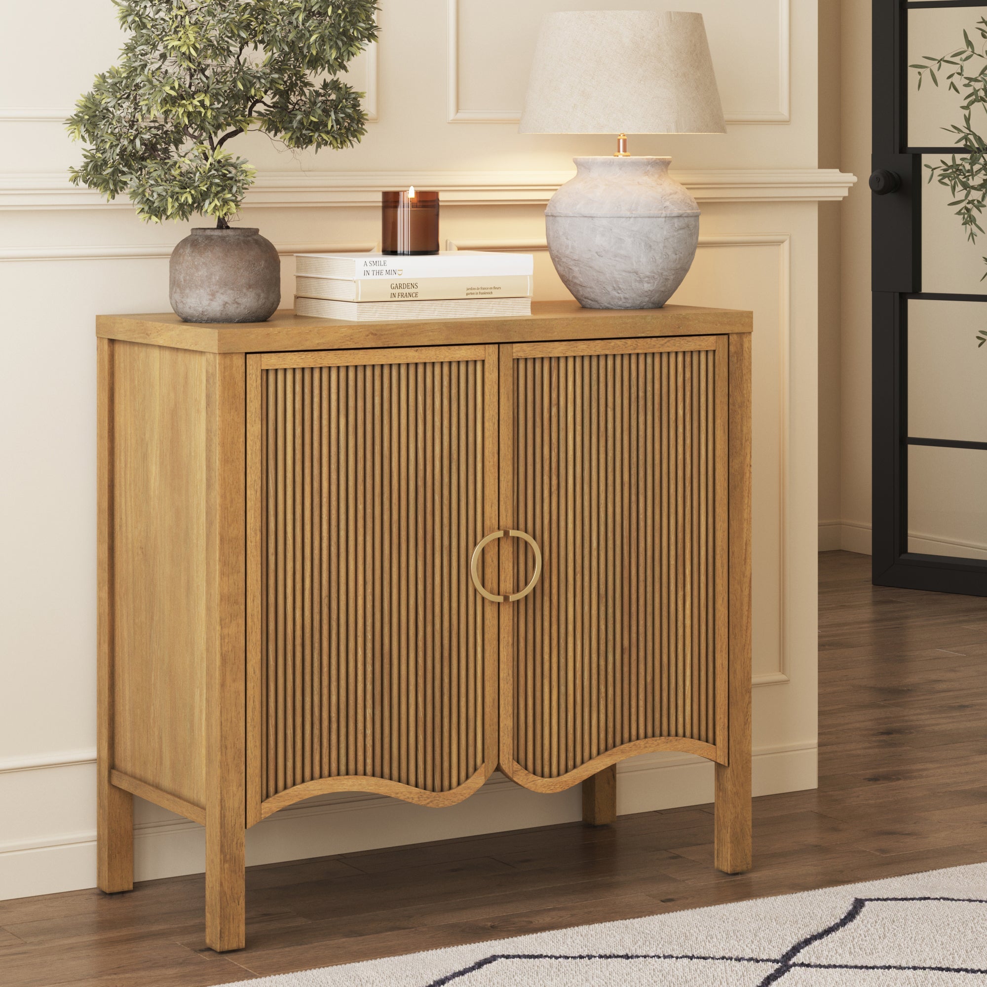 Wood Transitional Fluted Cabinet w/ Brass Handle Light Brown - Nathan James