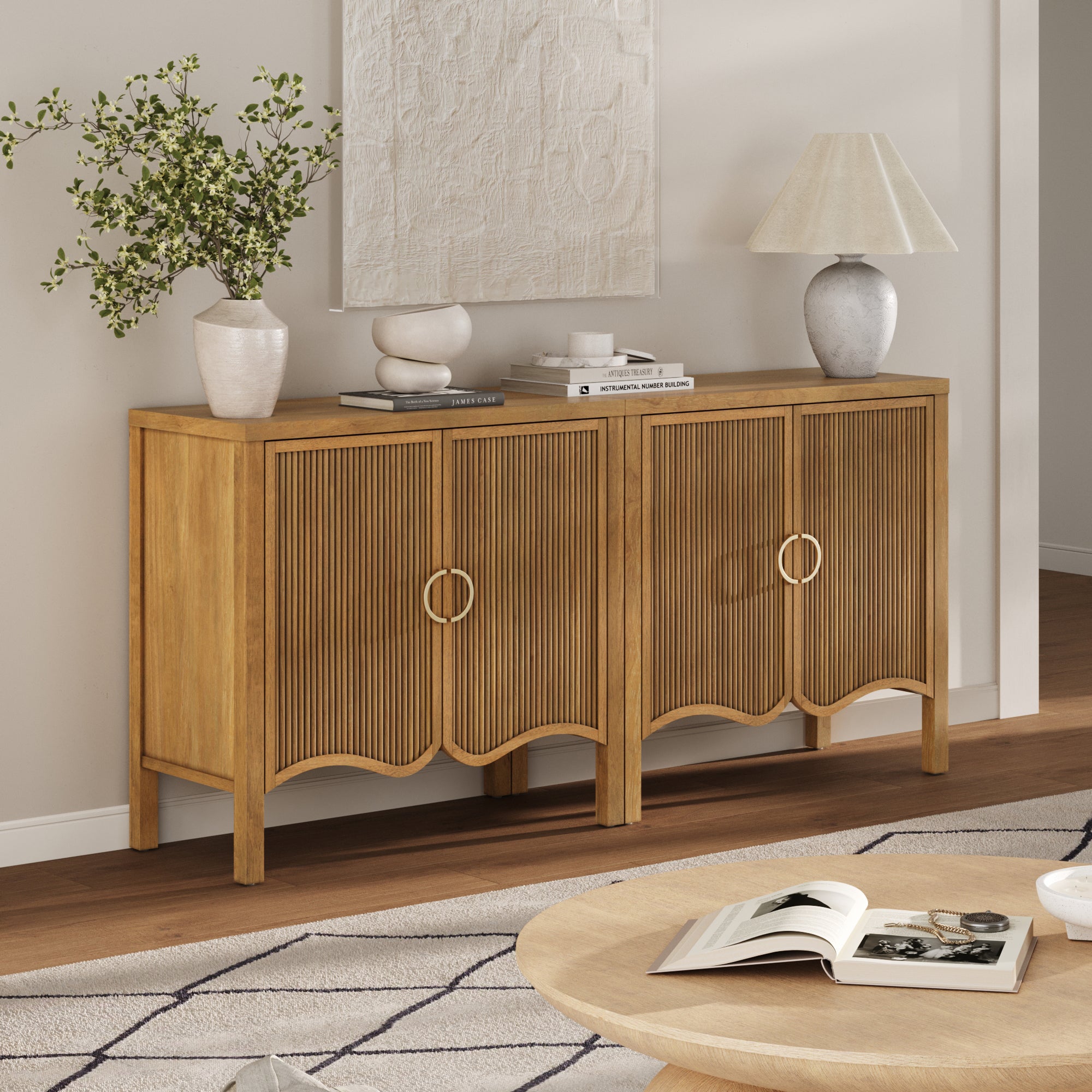 Wood Transitional Fluted Cabinet w/ Brass Handle Light Brown - Nathan James