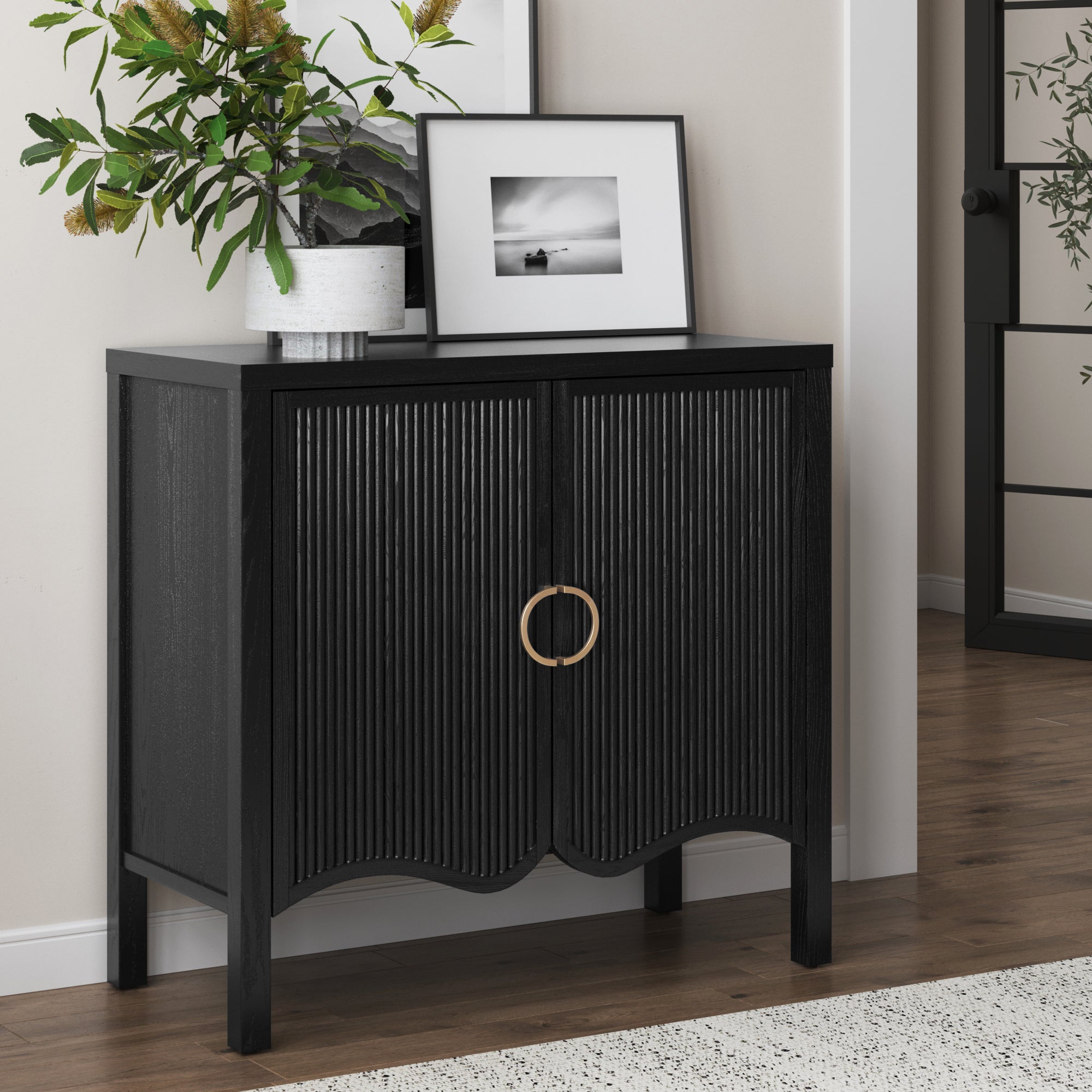 Wood Transitional Fluted Cabinet w/ Brass Handle Black Oak - Nathan James