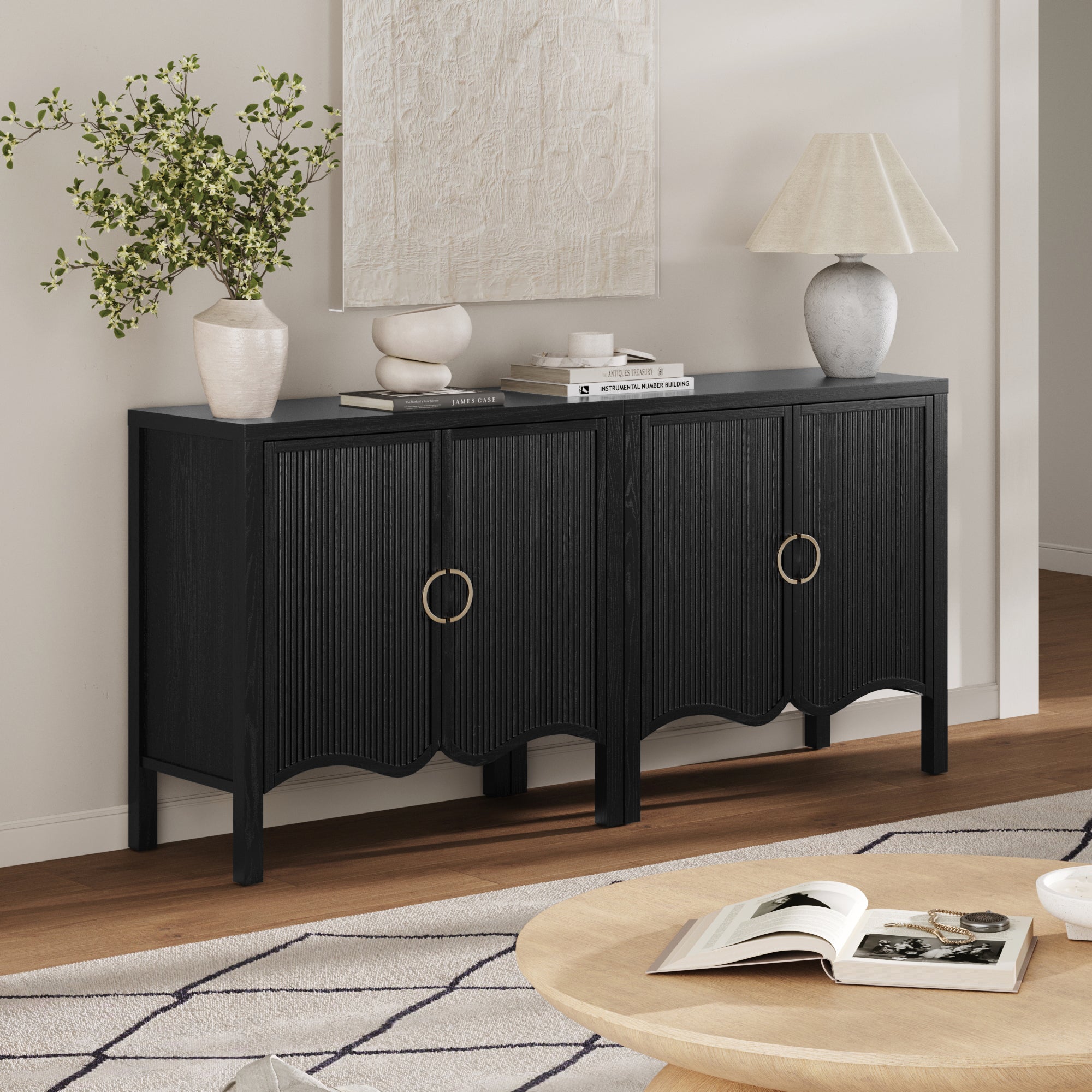 Wood Transitional Fluted Cabinet w/ Brass Handle Black Oak - Nathan James