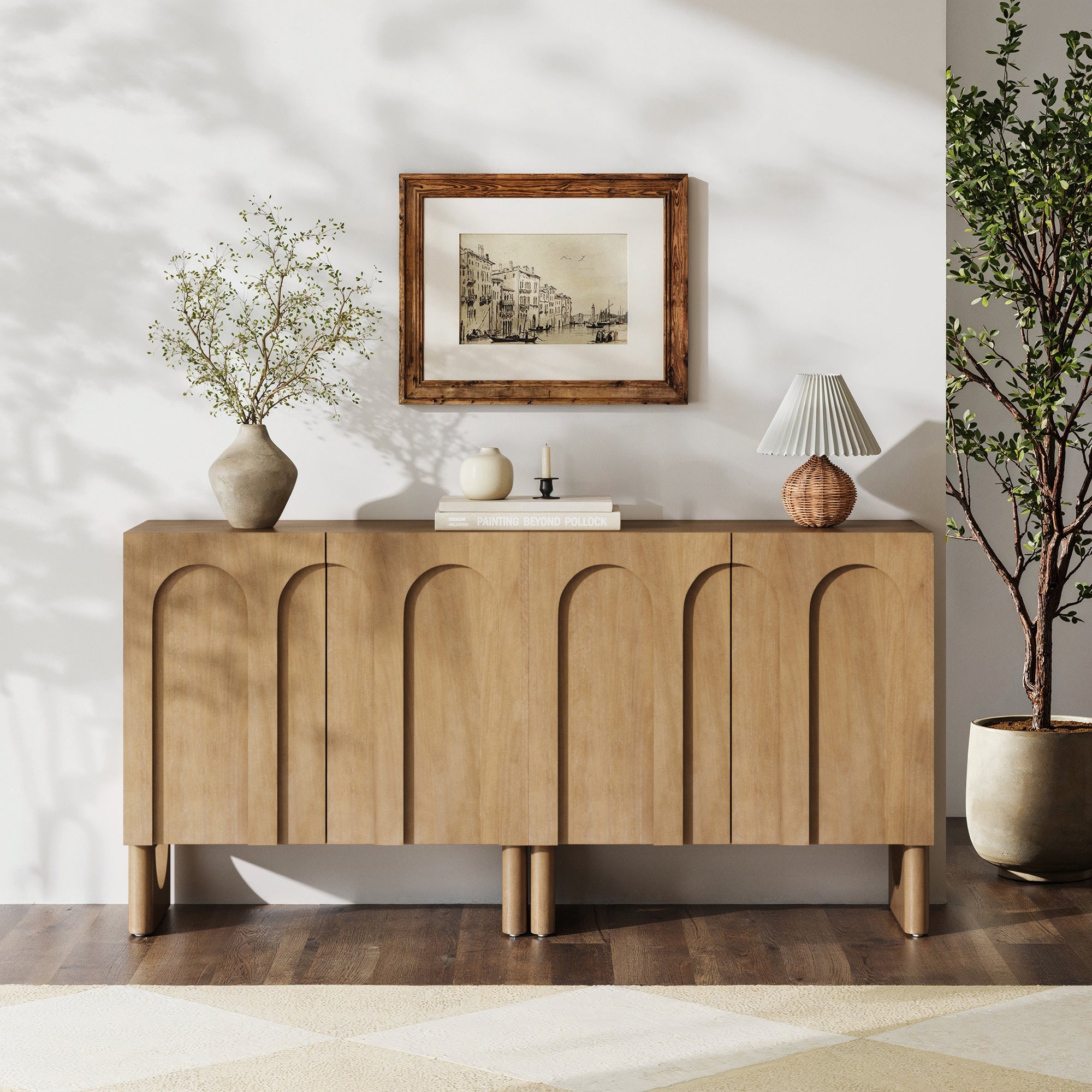 Mid Century Modern Credenza Console Cabinet Light Brown (Set of 2) - Nathan James