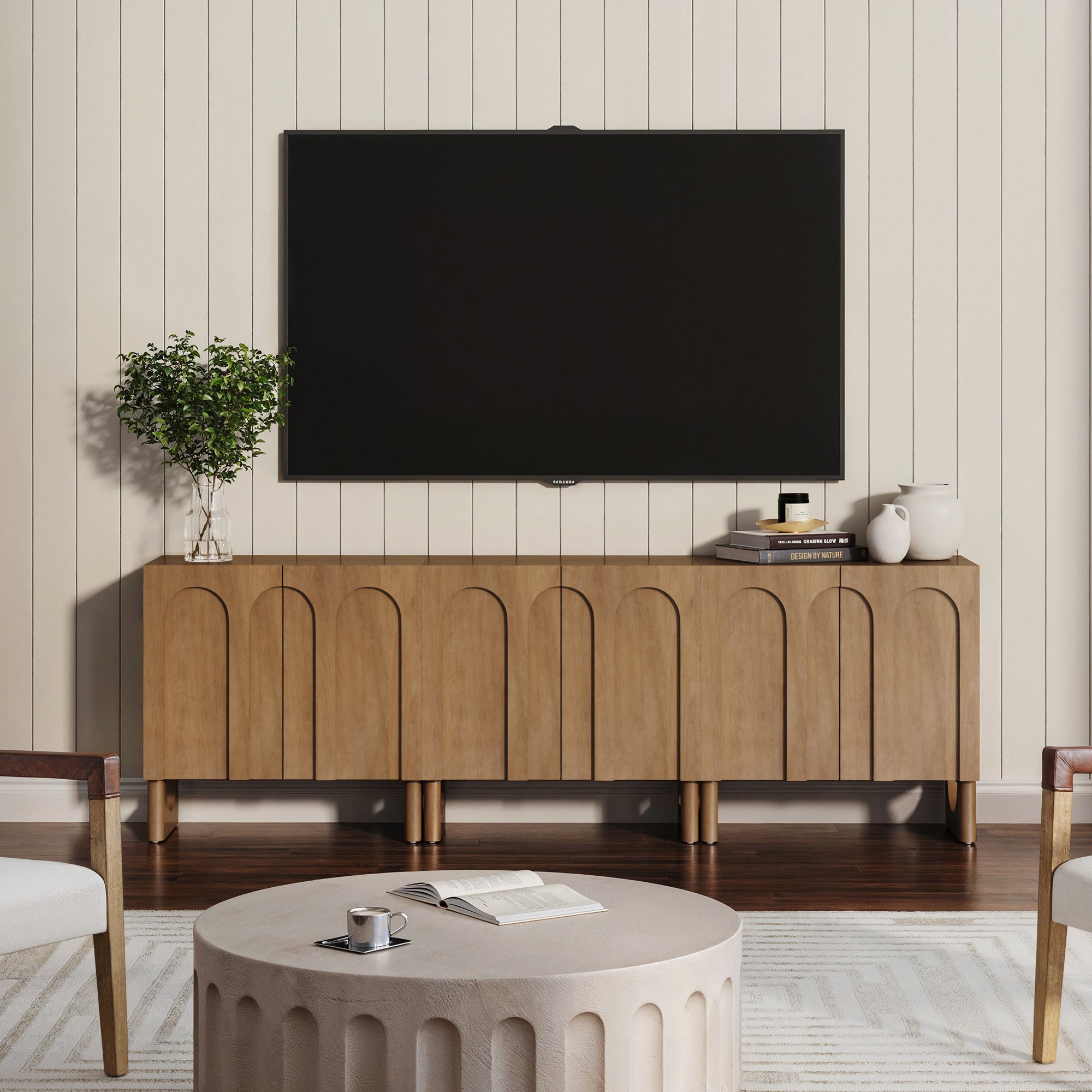 Wood Modular TV Console with Arched Doors for TVs 75 - 85" Light Brown - Nathan James