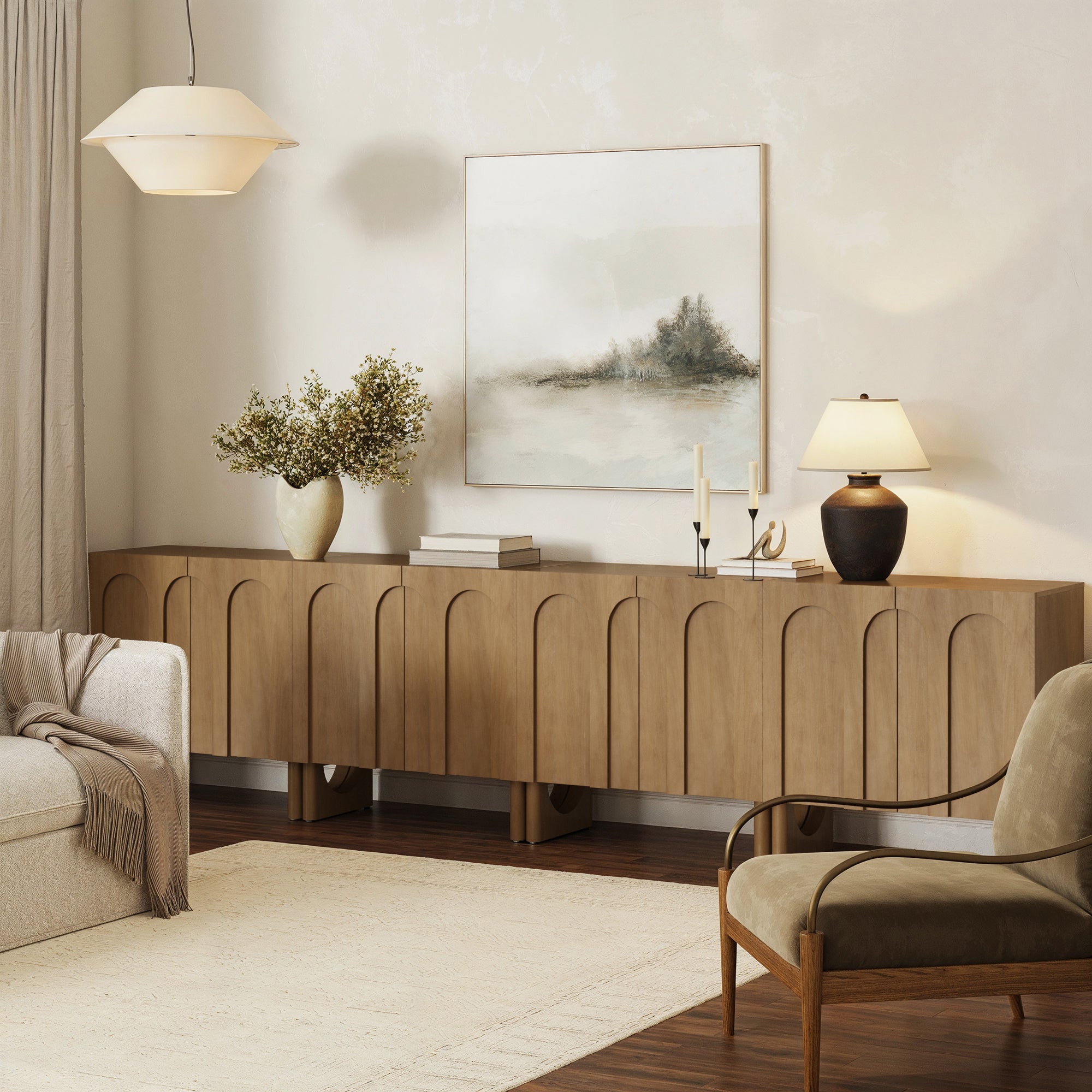 Wood Modular TV Console with Arched Doors for TVs up to 85" Light Brown - Nathan James