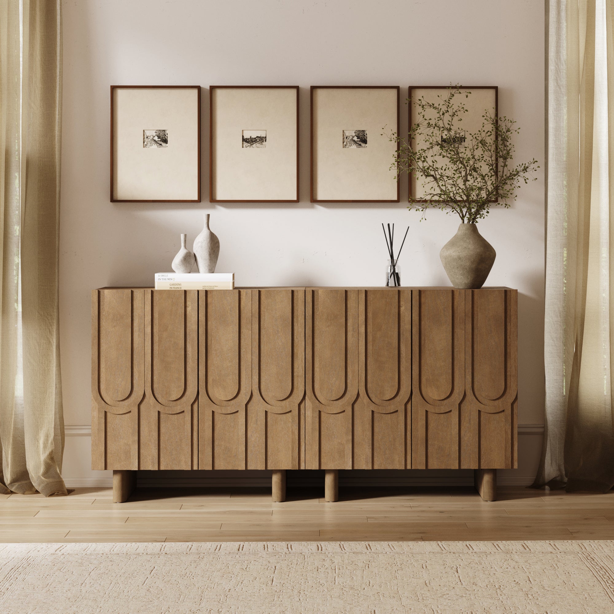 Mid Century Style Credenza with Geometric Carved Doors Light Brown (Set of 2) - Nathan James