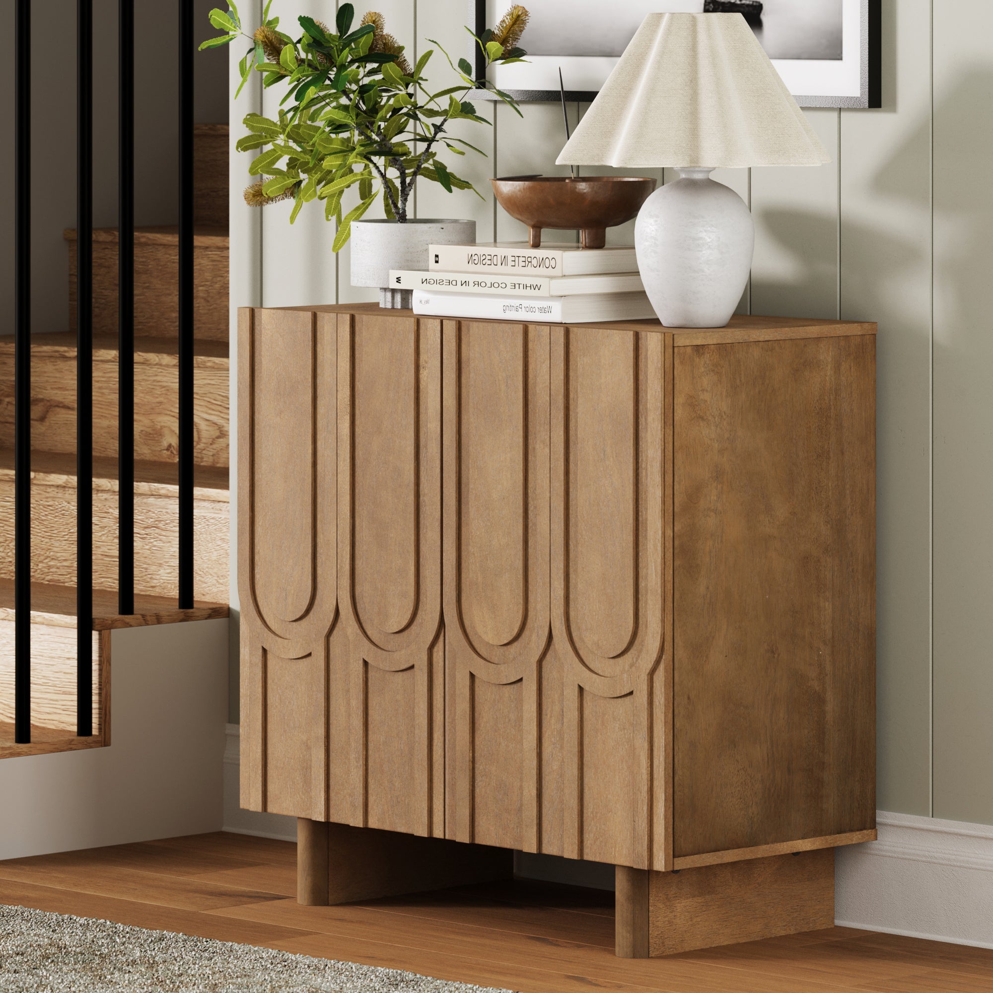 Mid Century Style Credenza with Geometric Carved Doors Light Brown - Nathan James